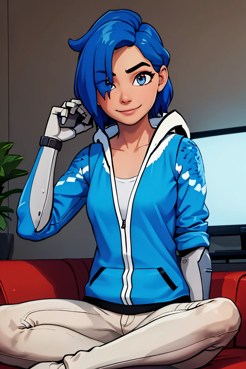 masterpiece, best quality, tari, blue hoodie, white pants, single mechanical arm, couch, sitting, looking at viewer, hair over one eye, television, smile, tired