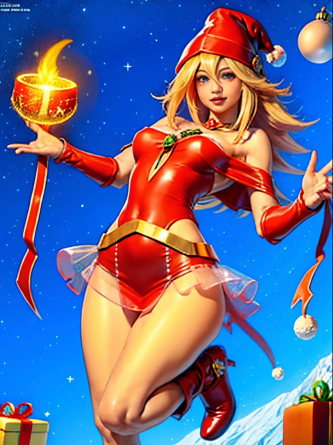 Dark magician gils. Rubia dorada sexy, ojos azules, Cara hermosa,  Fit and athletic body, travieso, guarra, Manos perfectas, Manos detalladas, Ojos azules perfectos, ojos detallados, flirty, sexy, tetas grandes y alegres, cuerpo completo, realista, HDR, UHD, dynamic, sentado en el suelo frente a una chimenea, Posando, Santa Claus red dress, christmas tree, botas negras. Pose sejustiva y sensual