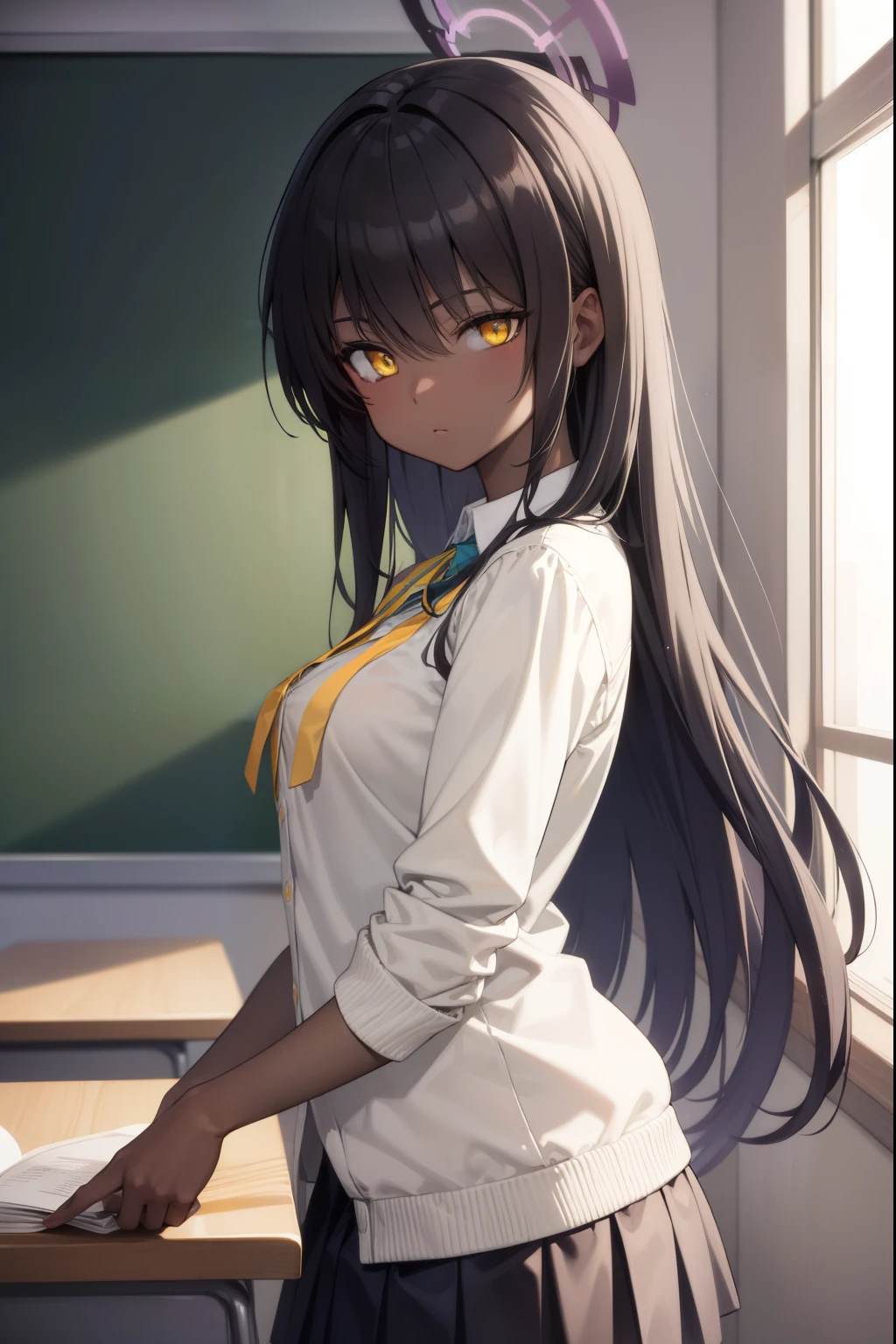 bluearchivekarin, karin, ahoge, black hair, dark skin, dark-skinned female, halo, long hair, (yellow eyes:1.5),
BREAK cardigan, neck ribbon, pleated skirt, ribbon, school uniform, skirt, blue cardigan, 
BREAK looking at viewer, 
BREAK indoors, classroom,
BREAK (masterpiece:1.2), best quality, high resolution, unity 8k wallpaper, (illustration:0.8), (beautiful detailed eyes:1.6), extremely detailed face, perfect lighting, extremely detailed CG, (perfect hands, perfect anatomy),