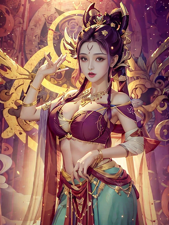 Uma Linda e sedutora mulher de pele vermelha, horns on head, purple lips, olhos carmesim, cabelos vermelhos longos sedosos, roupa hunfa estilizadamente sexy, middlebreasts, olhar arrogante, sentada em cima de almofadas da realeza, cena com luz acentuada e detalhada