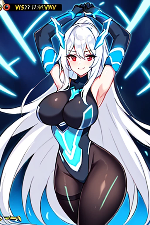 Multiple girls, white hair, large breasts, breasts, thick thighs, wide hips, red eyes, bodysuit, black bodysuit, pantyhose, long hair, light smile, happy, science-fiction, tech, futuristic, black pantyhose, thighhighs, neon, machinery, hair ornament, ornament, neon trim, anime style, 2d, anime screencap, shoulder armor, blue neon trim, hip sway, swaying hips, bouncing breasts, arms behind back, hands behind head, arms behind head, arms up, me!me!me dance /(meme/), dancing, dance, hourglass figure