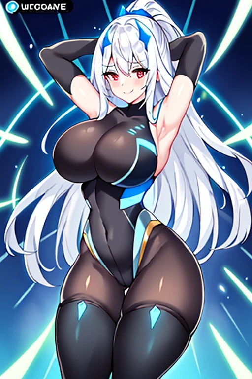 Multiple girls, white hair, large breasts, breasts, thick thighs, wide hips, red eyes, bodysuit, black bodysuit, pantyhose, long hair, light smile, happy, science-fiction, tech, futuristic, black pantyhose, thighhighs, neon, machinery, hair ornament, ornament, neon trim, anime style, 2d, anime screencap, shoulder armor, blue neon trim, hip sway, swaying hips, bouncing breasts, arms behind back, hands behind head, arms behind head, arms up, me!me!me dance /(meme/), dancing, dance, hourglass figure