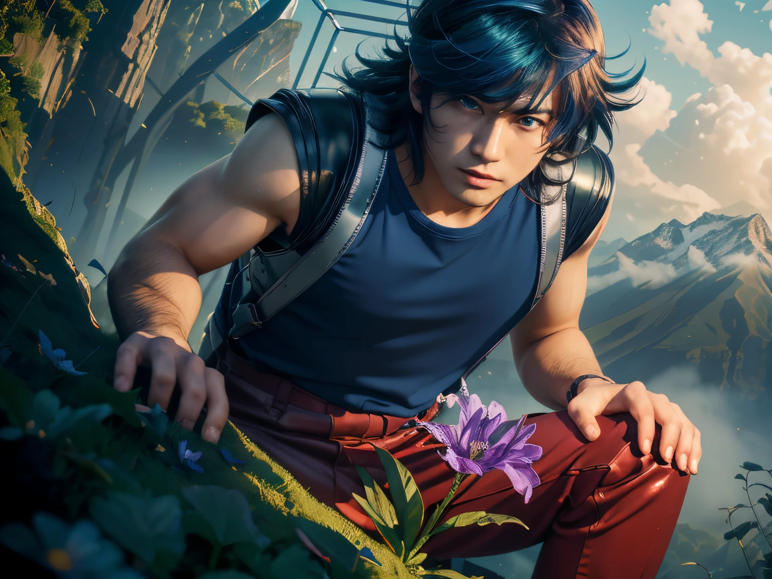 (masterpiece), (realistic), close up, (male) of 20 years old, asian (1boy), solo, slightly low view, looking to the flower, looking down, on one knee, ((handsome man)), ((strong face)), ((serious face)), ((pretty big blue eyes)), ((perfect blue eyes)), (closed lips), short messy blue hair, ((bangs)), hair blowing in the air, (((beardless))), masculine blue t-shirt, red pants, leather shoulder straps, (((metallic Chrome box on his back))), ((metallic silver box)), looking a ((purple flower in the soil)) (first plain), (stem and green leaves), looking the flower, mountains surrounded by mists background, cinematic lighting.