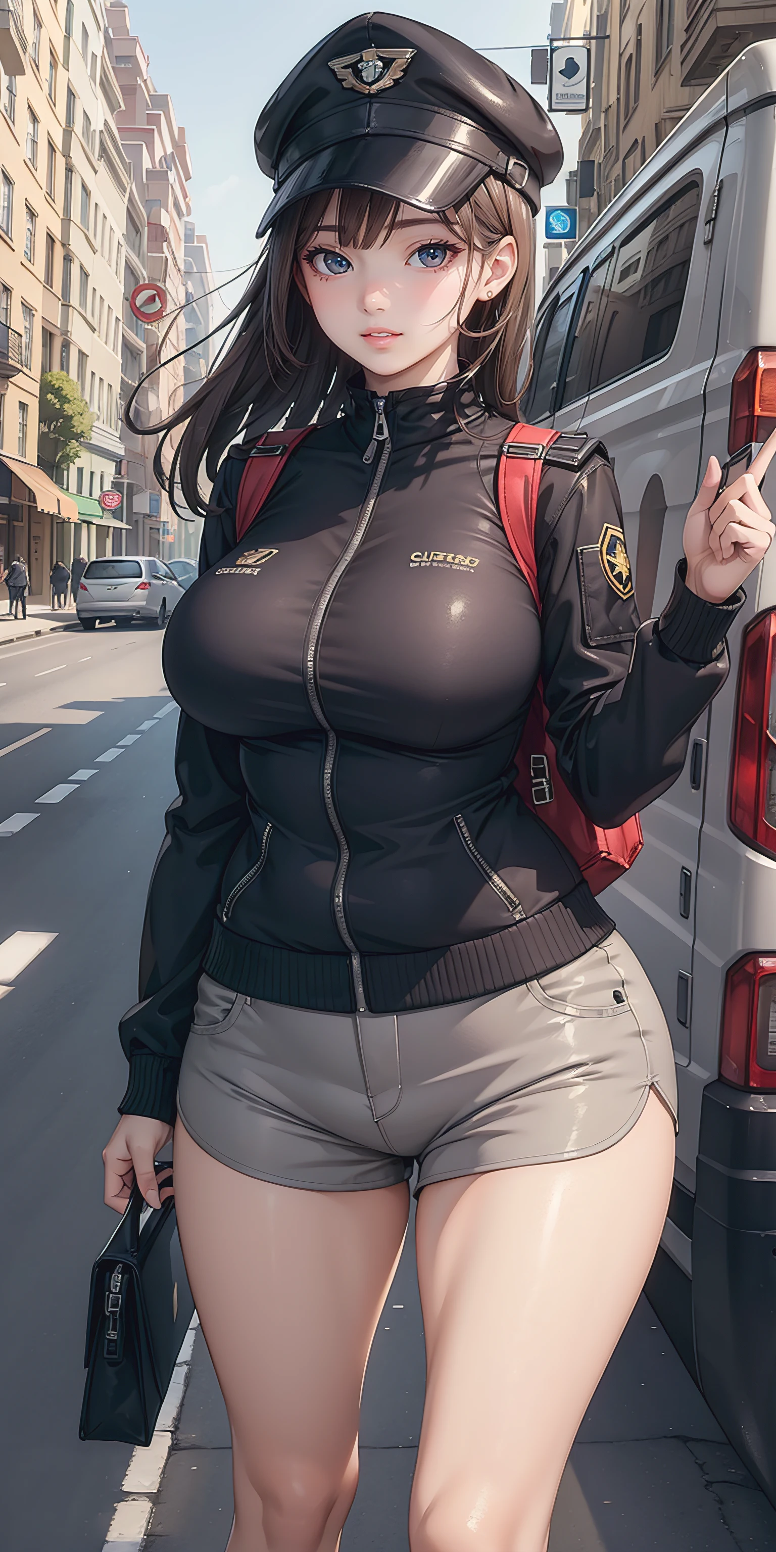 (masterpiece, best quality, ultra-detailed, photorealistic), 1 girl, curvaceous but slender body, Female courier, courier uniform, hat, jacket, shorts, on the way to deliver the courier, on the streets of the city, high detail, 4K, masterpiece.