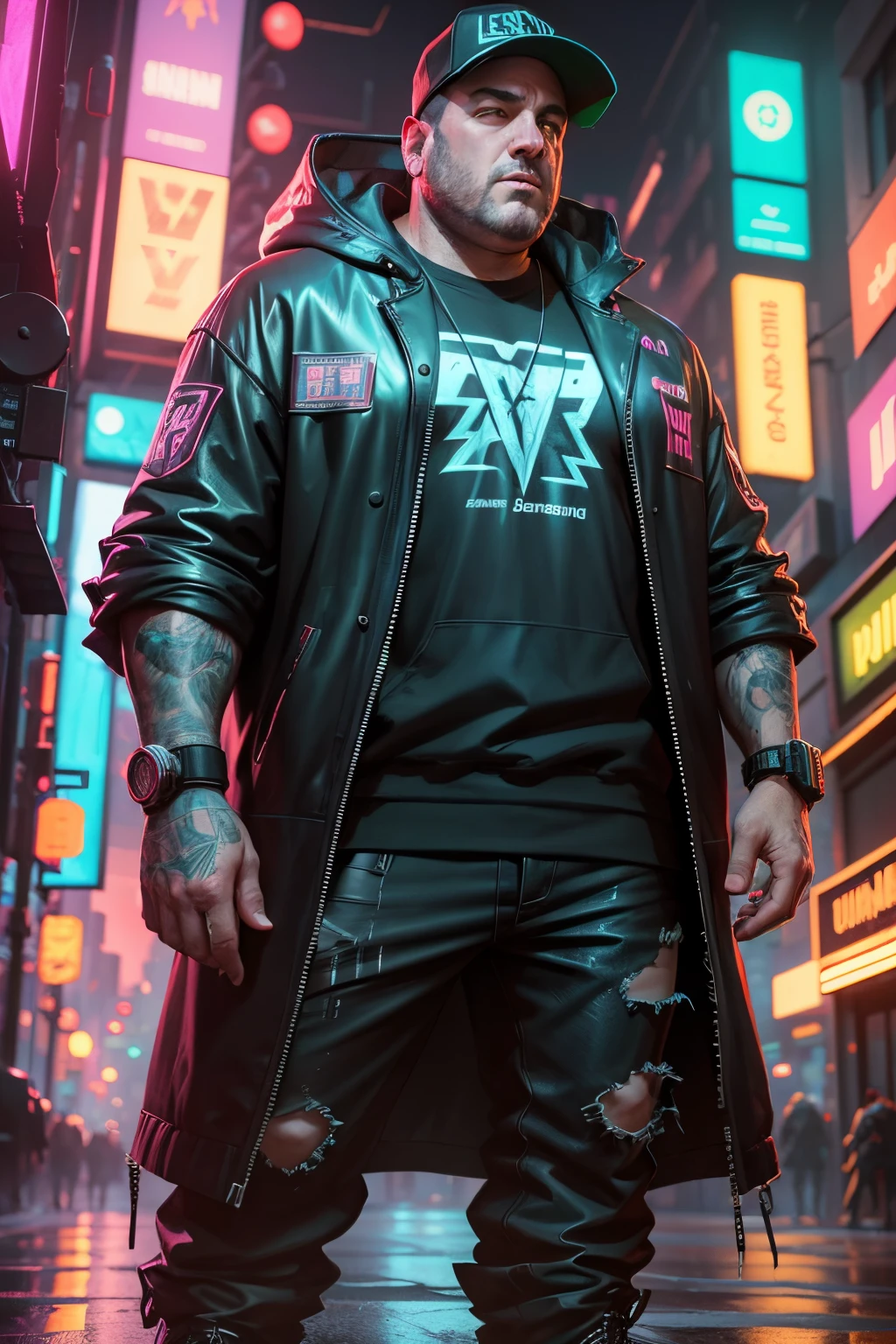 James Gandolfini, loish, jeremy mann, full body shot, character sheet, lightningwave, 3d, cgi, glowing neon, cyberpunk, streetwear outfit, ☂️, neon city
INFO --auto --s2