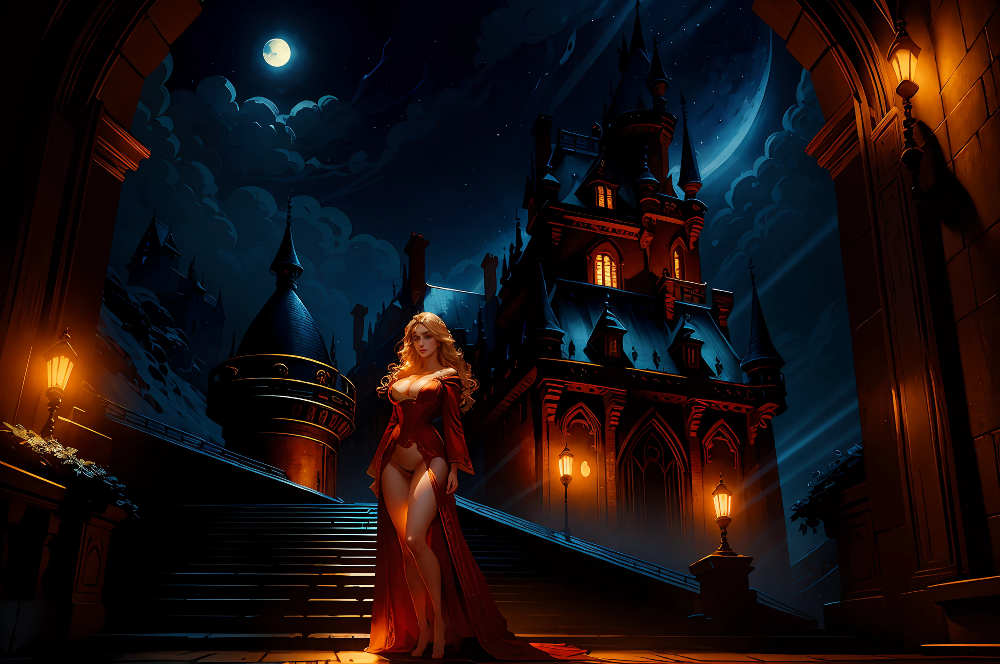masterpiece, highest quality, solo focus, (perfect face: 1.1), (high detail: 1.1), dramatic and dynamic pose, 1 girl, breasts, blond hair, blue eyes, solo, cleavage, long hair, curves, big breasts, see -through, blood red dress, thighs, navel covered, bare shoulders, wide hips, thick thighs, lips, covered, bathrobe, stairs, castle, night, moon, detailed background, art by Artgerm and Greg Rutkowski, cinematic lighting, vampire, catlevania, red hair, close shot, light ray, close up, (detailed face), seductive smile, foreground personage