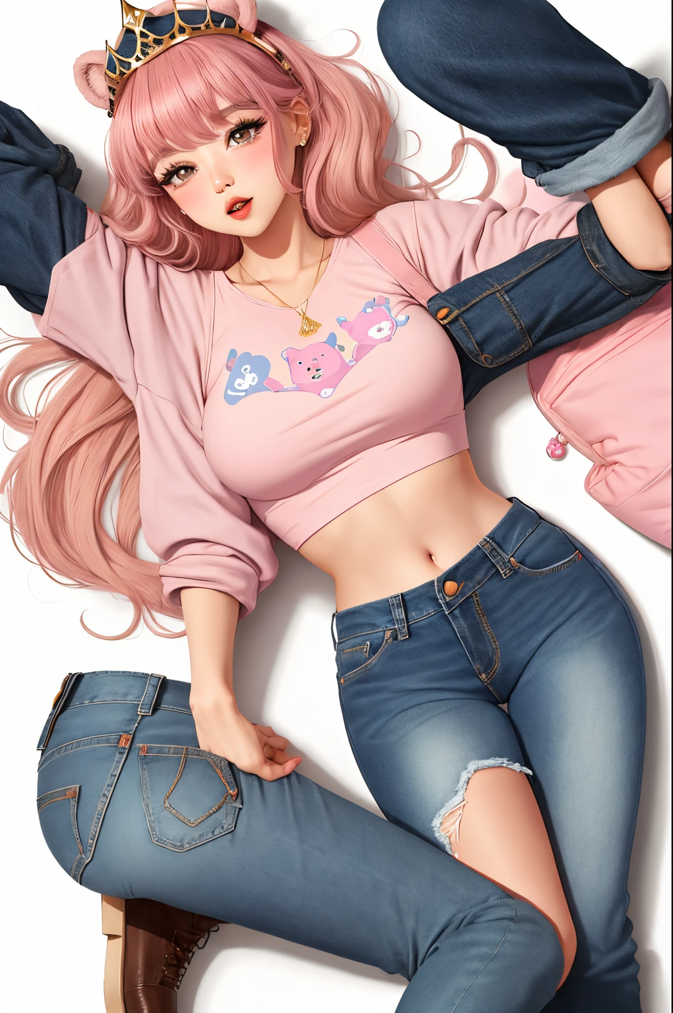 a life like petite cute pink bear with a gold tiara long black lashes plump lips full body and pink rosey cheeks in a crop top that says "Beary Adorn" and blue distress jeans  digital art, white background