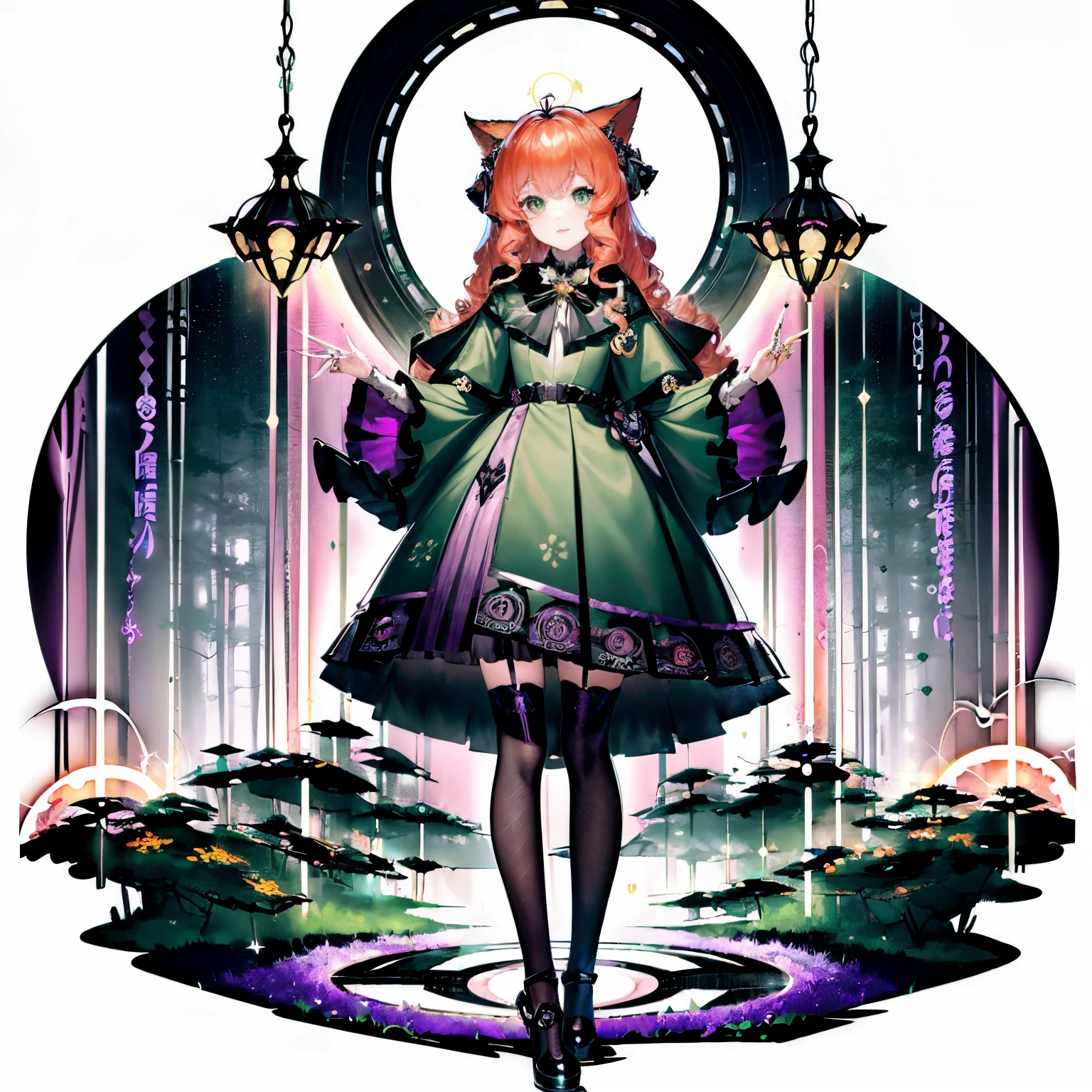 [(whitebackground:1.7), ::2], 1girl, middle shot, full - body, (Masterpiece), Best Quality, expressive eyes, perfect face, 1girl, (light hair shades, Foxtail, orange soft hair, Fox Girl, young female, young lady, Fox ears, light orange hair, pale light orange hair), Green eyes, Purple hues, Purple highlights, spell book, spellcasting, Rich clothes, curly bangs, curly bangs, Curls, curly hair, Long hair, long curls, long curly hair, big eyes, big green eyes, dark green dress, knees, tights, Foxtail, Sad, sad face, anxiety, Young face, bags under eyes, genshin shock design, genshin impact character, genshin impact style, dynamic pose, electricity, electro magician, Electro magic, purple magic, Purple glitter, light clothing, rainy daytime, Sateen, electro glitter, sparkles, Purple glitter, forest background, magic forest background, forest, magic forest, lolita dress, cute dress, sweet lolita dress, (Masterpiece:1.5), (Best Quality:1.2), (Beautiful background:1.2), Detailed background, (Sateen:1.2),