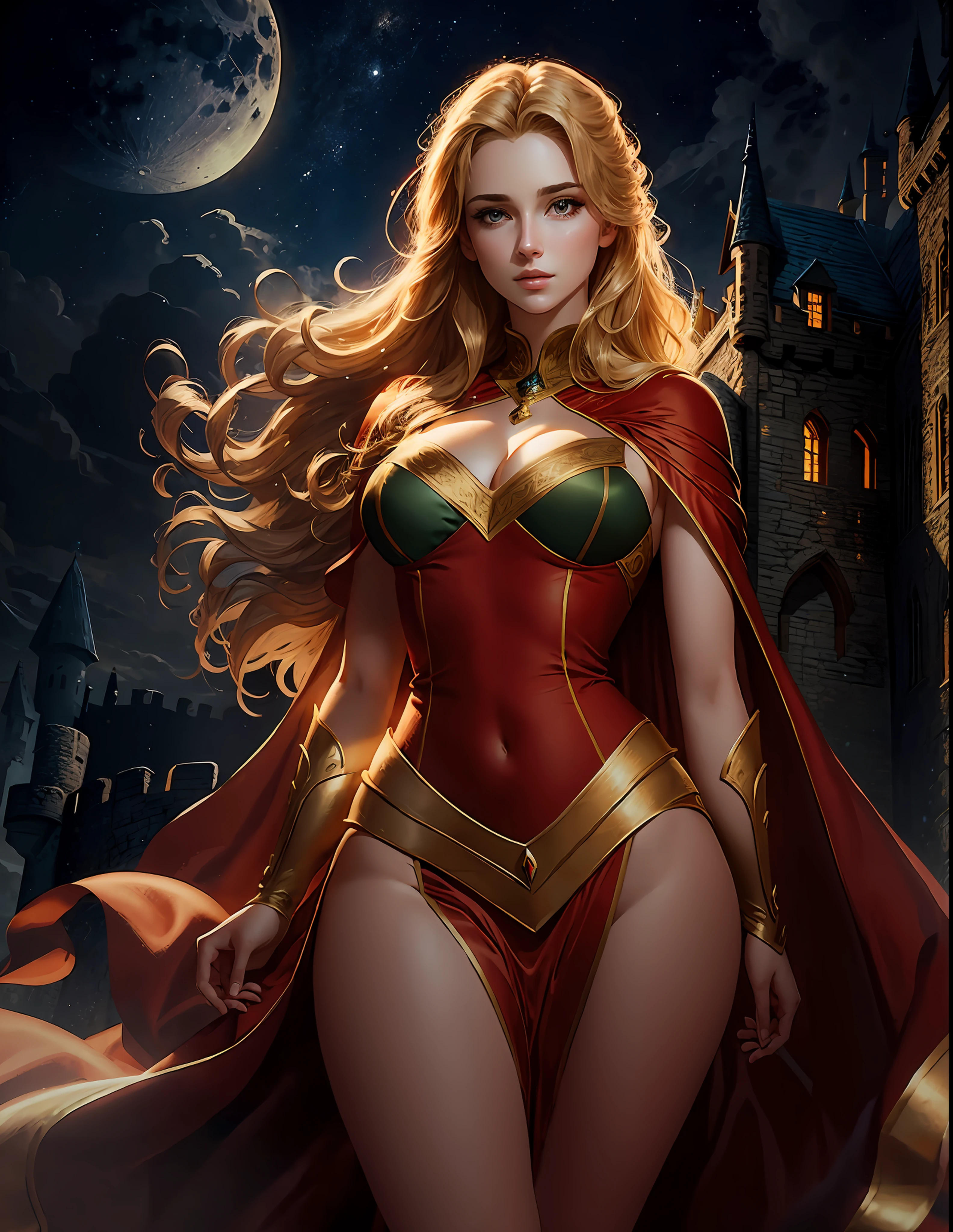 masterpiece, high quality, solo focus, (perfect face: 1.1), (high detail: 1.1), dramatic, dynamic pose, 1 girl, small breasts, blonde hair, green eyes, solo, neckline, long hair, curves, see -through, dress, thick thighs, navel showing, red dress, bare shoulders, wide hips, lips, cape, castle, night, moon, detailed background, artgerm art, cinematic lighting,