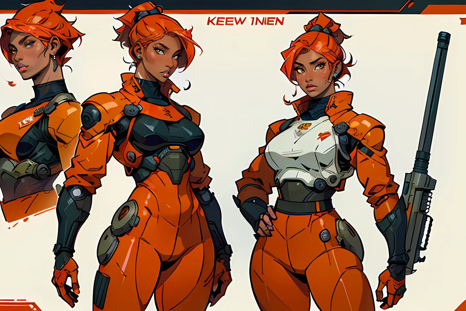 Masterpiece, High quality, ((character concept art)), ((character design sheet, same character))
a futuristic-looking female military commander, wearing a ((kevlar helmet)) and is dressed in ((orange suit)), holding weapon, holding gun, wearing epTactical, XCOM game inspired, XCOM character, ((wide hips)) tall, video game character design, accessories,
Expert high detail concept art, comic book style, intricate comic book outline line work, flat colors, concept art, solid background