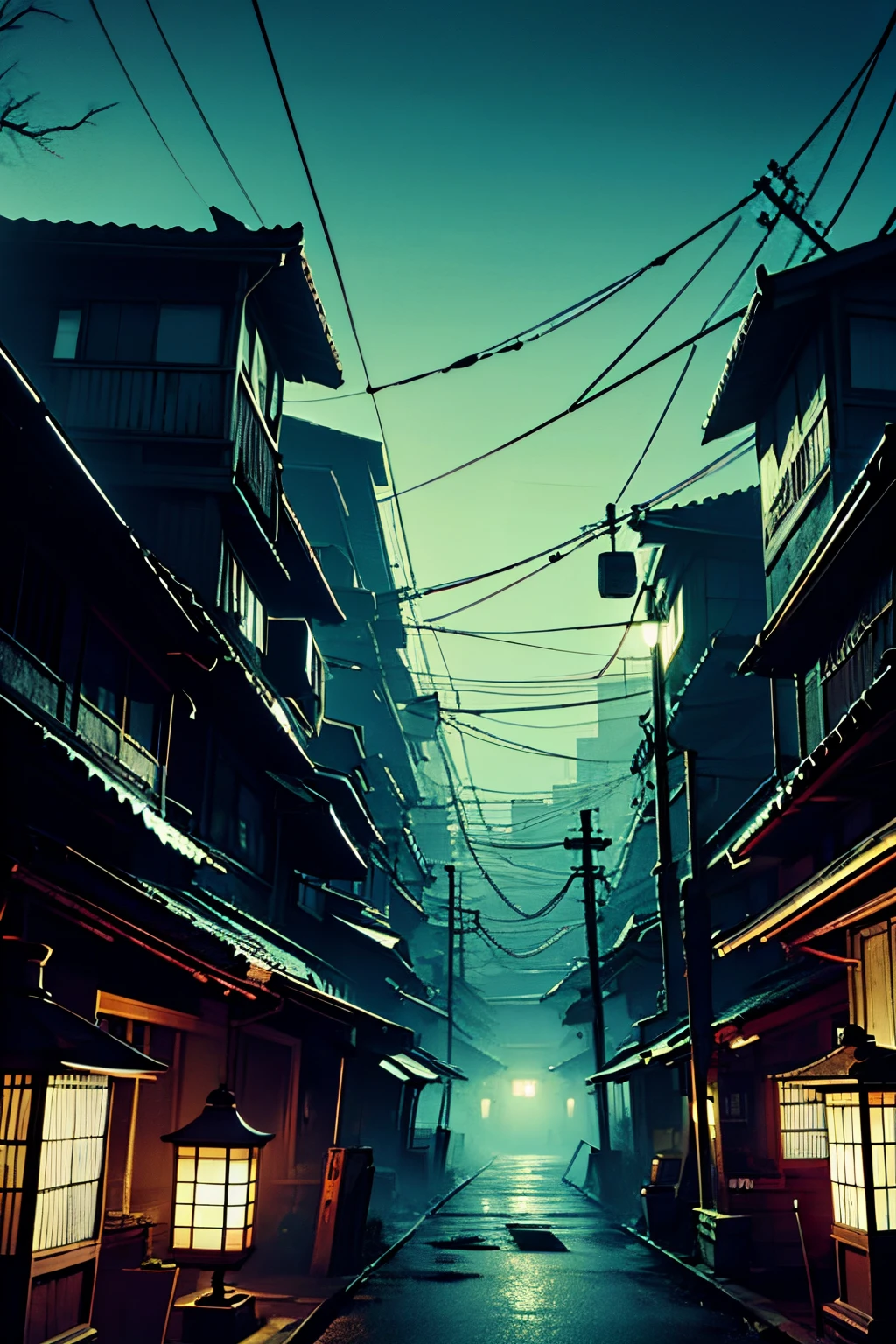 , HORROR GAME ZERO STYLE BACKGROUND, japanese Horror city at night,