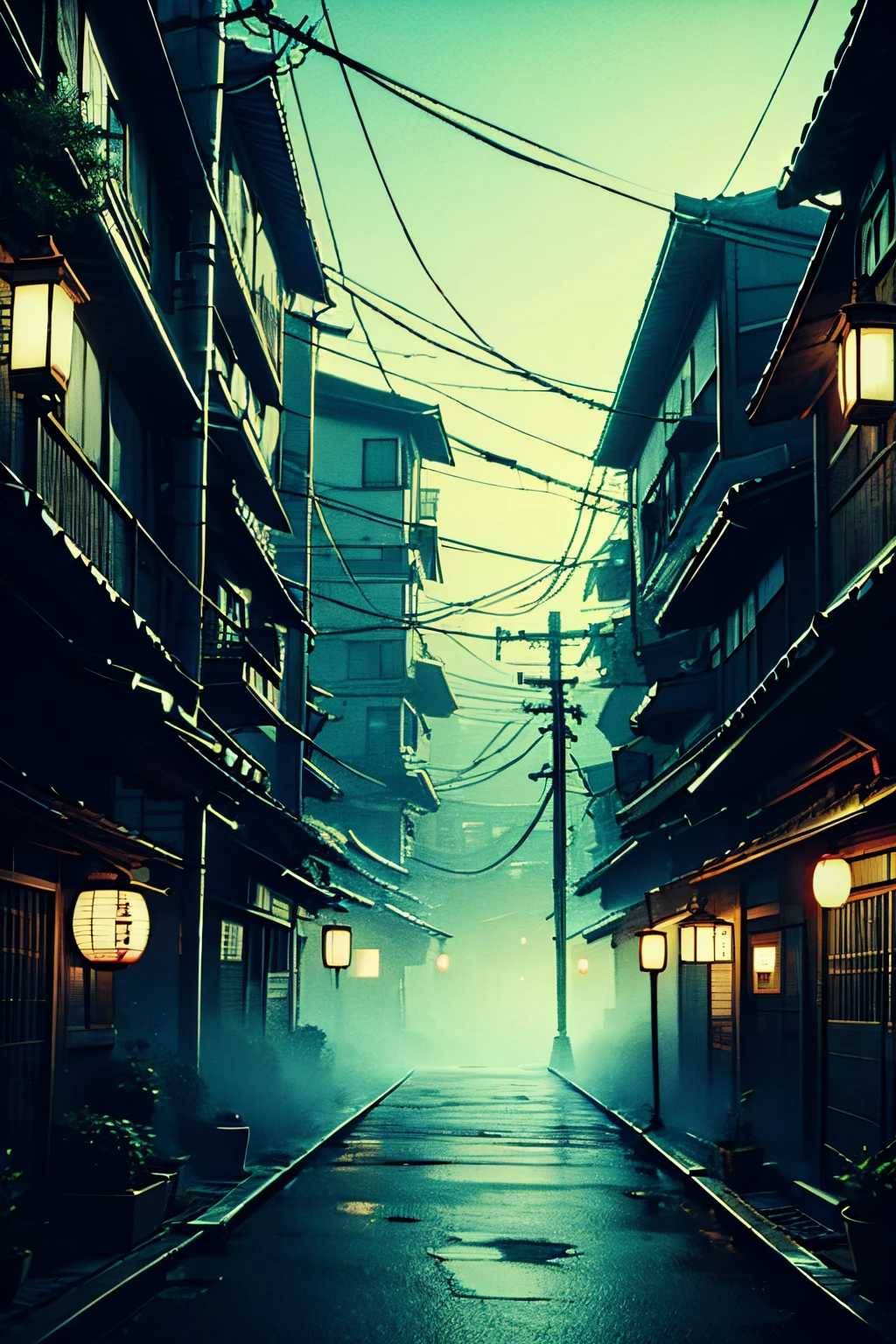 , HORROR GAME ZERO STYLE BACKGROUND, japanese Horror city at night,