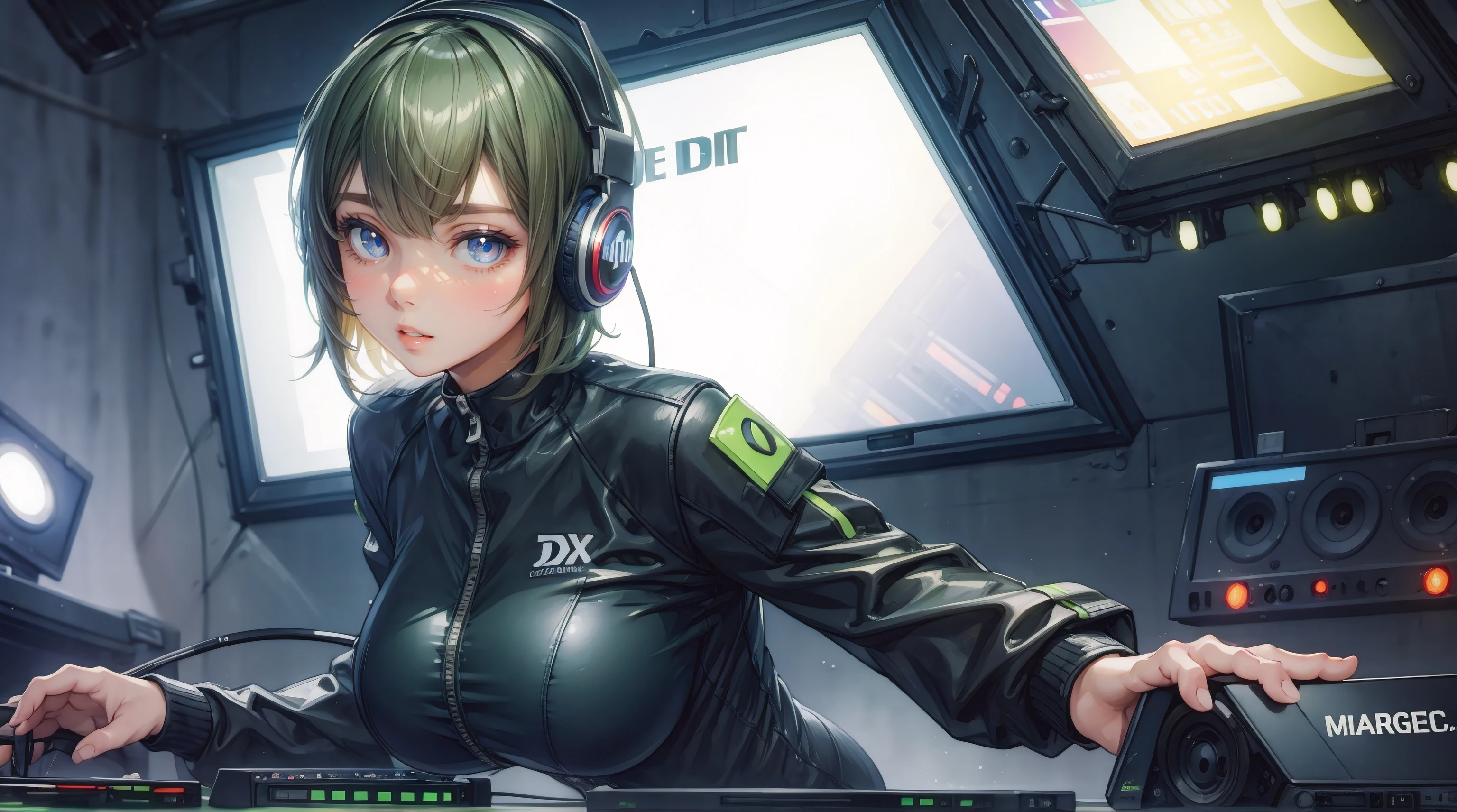 (masterpiece, best quality, ultra-detailed, photorealistic), 1 girl, curvaceous but slender body, deejaying girl, dj, dj girl, headphones, rave, (highest picture quality),masterpiece,best quality,extremely detailed CG wallpaper, ultra_detailed,(Cinematic Lighting:1.1), (cold face), green eyes, 1girl, solo, dark-green_hair, short_hair, masterpiece, best quality, glasses