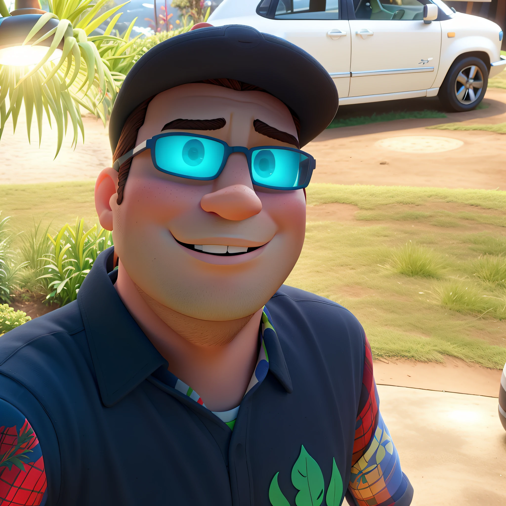 Um homem no estilo pixar, iluminado pela luz natural, contra o pano de fundo gramado verde