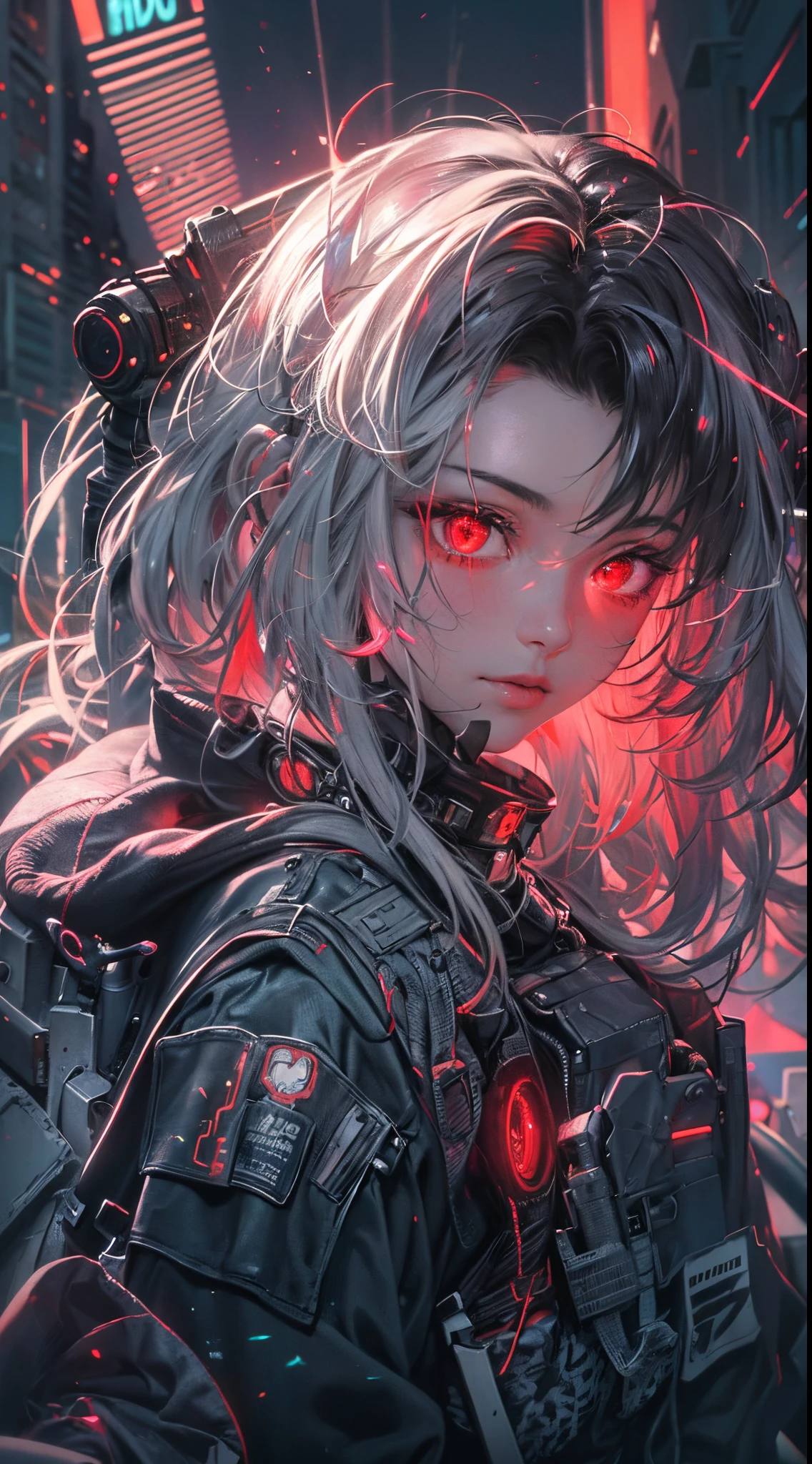 (1girl in)、(Plump beauty)、(Black hair)、(30-years old)、(Top image quality)、(8K picture quality)、(cyberpunked)、(masutepiece)、 (Flickering of light)、(Wear a cyberpunk military uniform)、cinematric light, Cinema Shadow, Sharp Image, Extremely detailed, Volumetric, Bright sprites, particles effect, beautiful effects, Vivid colors, neons, Neon light, Highly detailed image textures, detailed hairs, Detailed eyes, city、Dark hair、Eyes glow、(Red aura emanating from clothes:1.5)、Photo from the knee up、