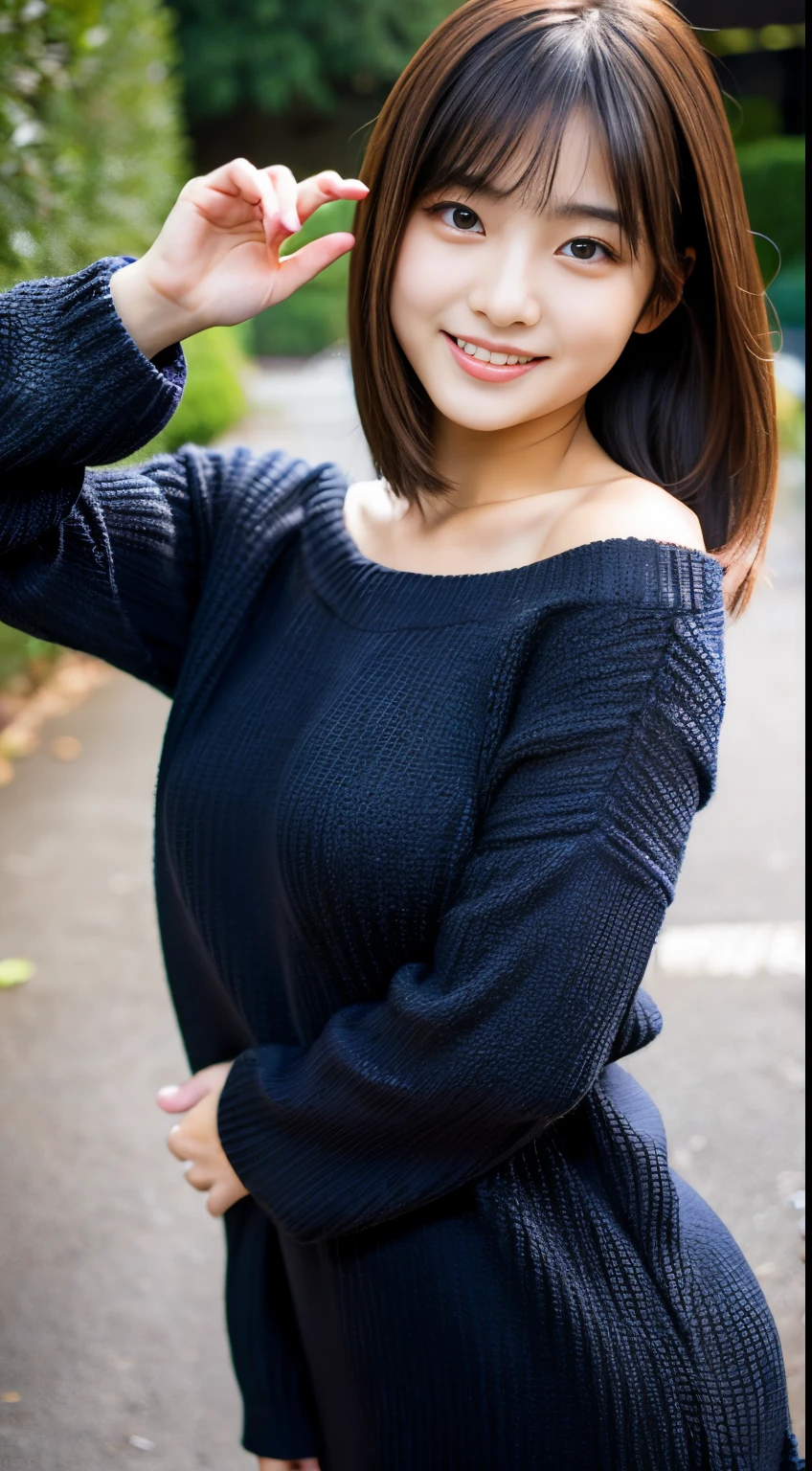 Best-quality, Masterpiece, Ultra-High-Resolution, (Photorealistic:1.4), Raw-Photo, Extremely-Details, Perfect-Anatomy, 1girl, 18-years-old, the most famous Japanese idol, cowboy-shot, upturned hip, looking at viewer, innocent smile, wearing very tight long-length sweater -dress with cute design, detailed extremely cute face like a most popular Japanese idol, detailed extremely beautiful big black solid circle eyes, detailed extremely beautiful black short-cut-haired, detailed extremely beautiful realistic skins, detailed extremely beautiful hip, detailed extremely beautiful big breasts, detailed extremely beautiful body, detailed extremely beautiful thighs, detailed very tight long-length sweater-dress with cute design