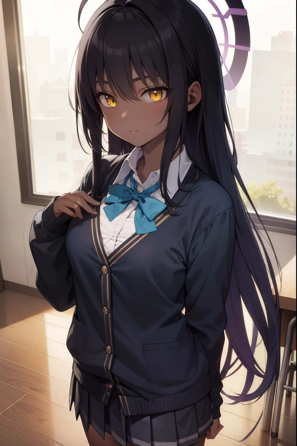 bluearchivekarin, karin, ahoge, black hair, dark skin, dark-skinned female, halo, long hair, (yellow eyes:1.5),
BREAK cardigan, neck ribbon, pleated skirt, ribbon, school uniform, skirt, blue cardigan, 
BREAK looking at viewer, 
BREAK indoors, classroom,
BREAK (masterpiece:1.2), best quality, high resolution, unity 8k wallpaper, (illustration:0.8), (beautiful detailed eyes:1.6), extremely detailed face, perfect lighting, extremely detailed CG, (perfect hands, perfect anatomy),