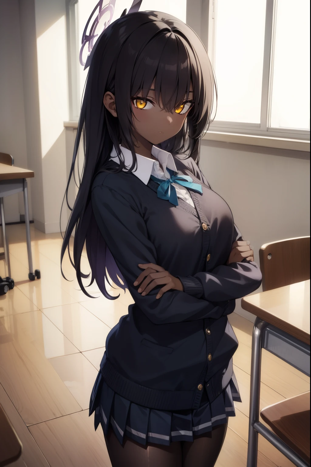 bluearchivekarin, karin, ahoge, black hair, dark skin, dark-skinned female, halo, long hair, (yellow eyes:1.5),
BREAK cardigan, neck ribbon, pleated skirt, ribbon, school uniform, skirt, blue cardigan, 
BREAK looking at viewer, 
BREAK indoors, classroom,
BREAK (masterpiece:1.2), best quality, high resolution, unity 8k wallpaper, (illustration:0.8), (beautiful detailed eyes:1.6), extremely detailed face, perfect lighting, extremely detailed CG, (perfect hands, perfect anatomy),