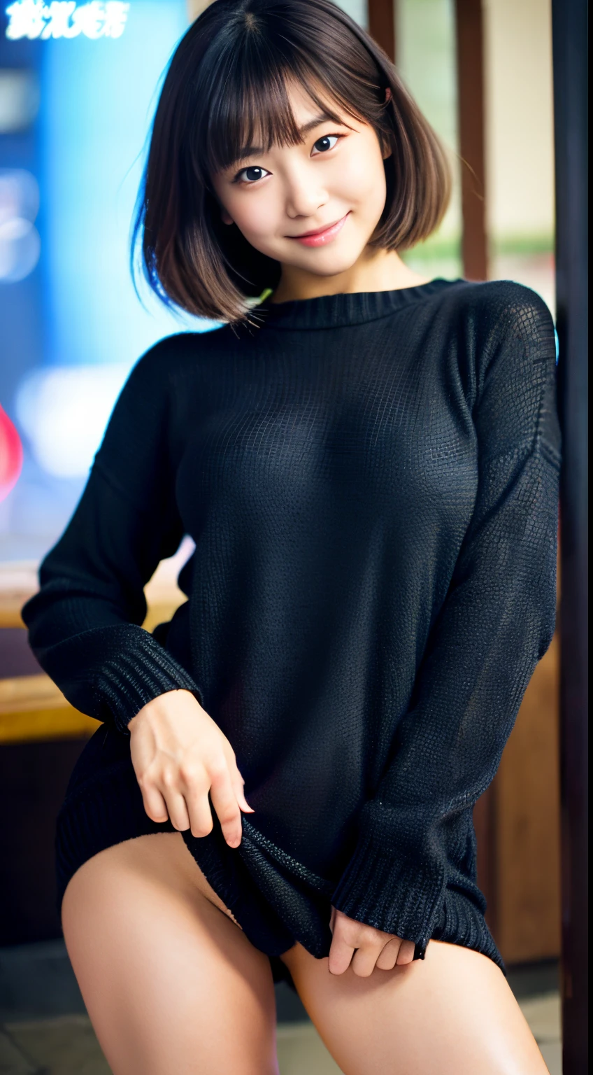 Best-quality, Masterpiece, Ultra-High-Resolution, (Photorealistic:1.4), Raw-Photo, Extremely-Details, Perfect-Anatomy, 1girl, 18-years-old, the most famous Japanese idol, cowboy-shot, upturned hip, looking at viewer, innocent smile, wearing very tight long-length sweater -dress with cute design, detailed extremely cute face like a most popular Japanese idol, detailed extremely beautiful big black solid circle eyes, detailed extremely beautiful black short-cut-haired, detailed extremely beautiful realistic skins, detailed extremely beautiful hip, detailed extremely beautiful big breasts, detailed extremely beautiful body, detailed extremely beautiful thighs, detailed very tight long-length sweater-dress with cute design