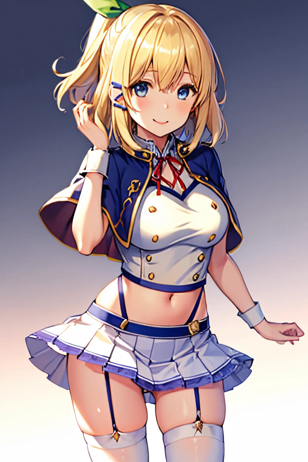 1girl, rumia tingel, blonde hair, blue eyes, capelet, garter straps, green ribbon, hair ornament, hairclip, medium hair, red ribbon, school uniform, single glove, suspenders, thighhighs, white shirt, white skirt, solo, (simple background:1.1), smile
