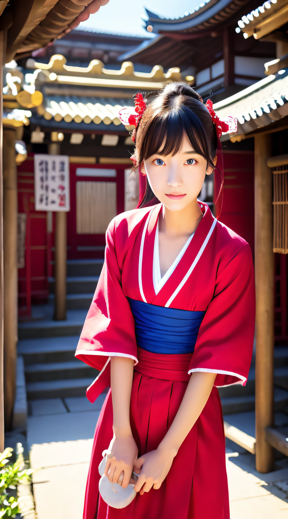 (​masterpiece:1.2、top-quality)、(Dynamic Lighting)1lady、独奏、Long、(hakama、a red skirt)、(torii gate、temple)、hightquality、​masterpiece、ultra res、a beauty girl、cute girl face、temple、shrine maiden、Wearing priestess clothes、full body Esbian、、Very beautiful face、realisitic、Precincts of Japan Shrine、25-years old、femele、Light in the eyes、big eye、Looking at the camera