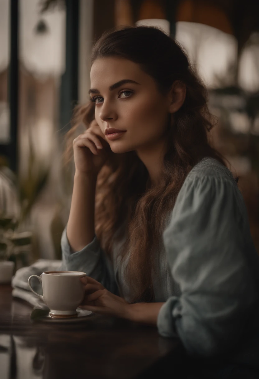 arafed woman fully , sexy girl with brown eyes, ultra realistic, meticulously detailed, portrait sophie mudd, brown hair and large eyes, selfie of a young woman, violet myers, without makeup, natural makeup, looking directly at the camera, face with artgram, subtle makeup, stunning full body, sitting, at a coffee place, medium to large size bust