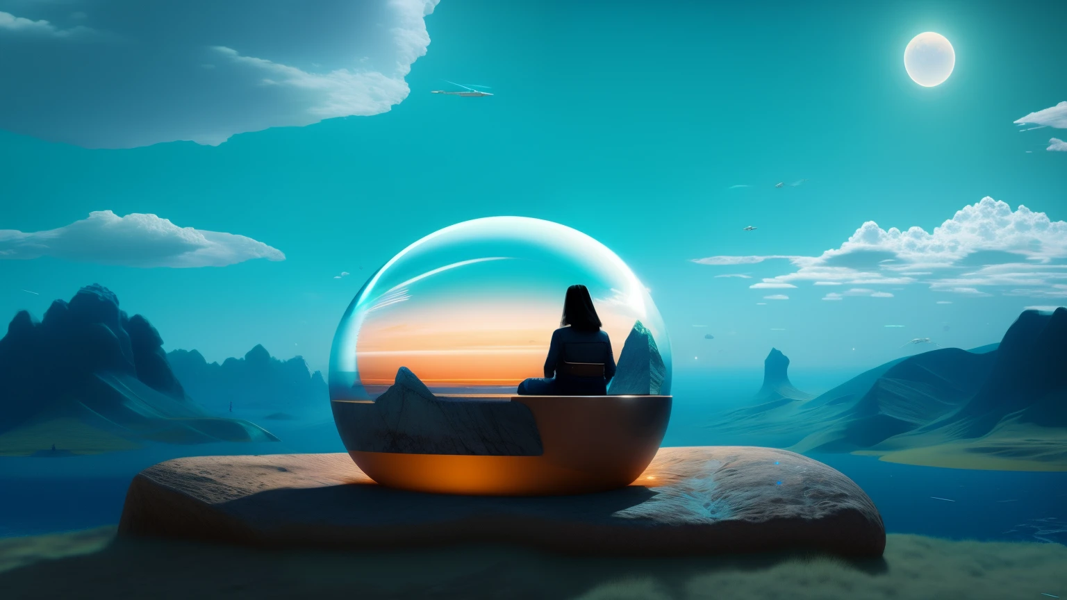 il y a une femme assise dans une boule de verre qui regarde une ville, par Kurt Roesch, technologie et nature, technologie et nature en harmonie, Humains dormant dans des capsules de guérison, Bip de rendu 3D, Technologie d’un autre monde, par Derek Zabrocki, Nomades high-tech, Illustration stylisée, matte painting de l’esprit humain, Un paysage onirique numérique