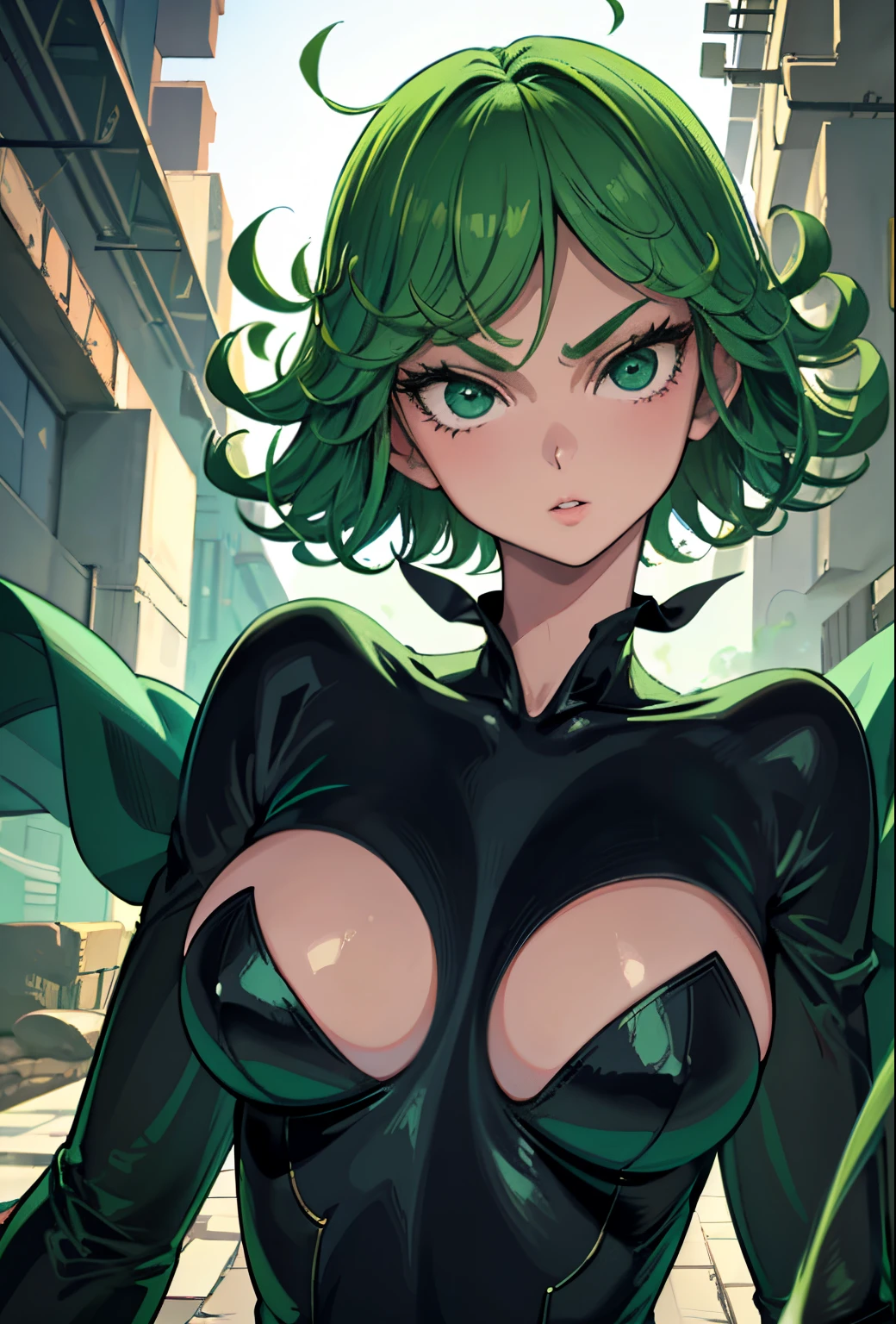 (beste-Qualit, 8K, ), 1 girl, tatsumaki, Short Hair Hair, green hair, Huge-breasts, child, the perfect body, ultra detail face, detailed lips, Slender Eyes, gown, stands, enticing, Excited, convex areolas, steam, From Bottom