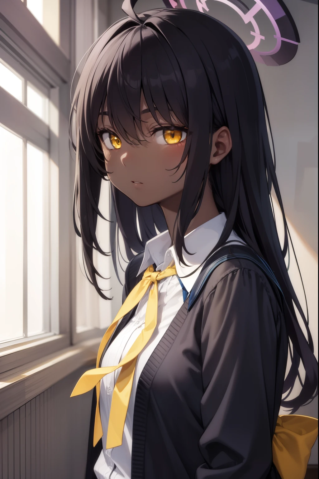 bluearchivekarin, karin, ahoge, black hair, dark skin, dark-skinned female, halo, long hair, (yellow eyes:1.5),
BREAK cardigan, neck ribbon, pleated skirt, ribbon, school uniform, skirt, blue cardigan, 
BREAK looking at viewer, 
BREAK indoors, classroom,
BREAK (masterpiece:1.2), best quality, high resolution, unity 8k wallpaper, (illustration:0.8), (beautiful detailed eyes:1.6), extremely detailed face, perfect lighting, extremely detailed CG, (perfect hands, perfect anatomy),