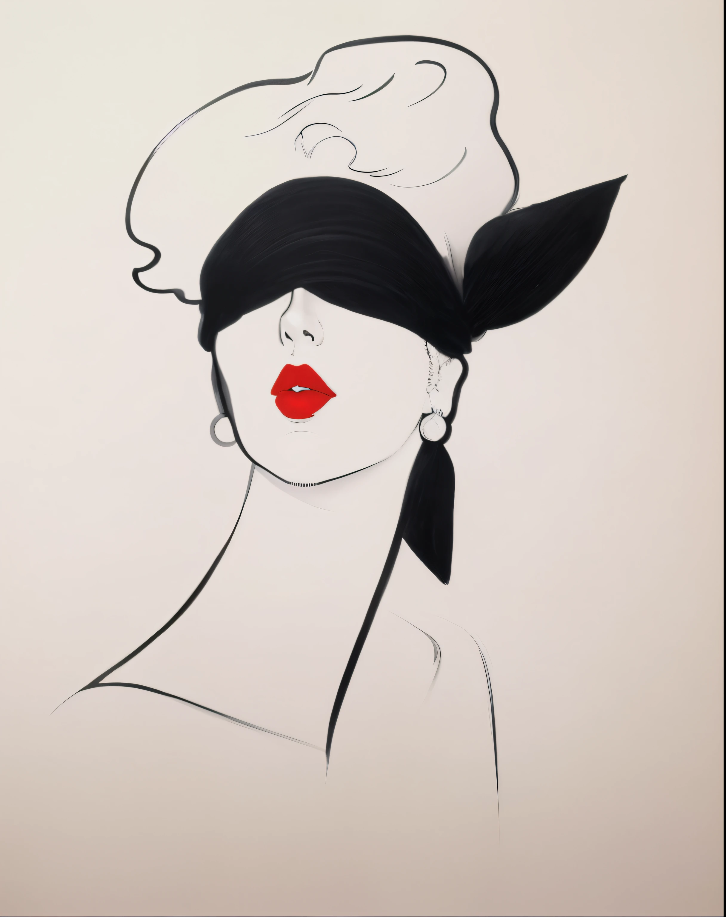 A closeup of a drawing of a woman with a hat in, inspirado em Aubrey Beardsley, Directed by: Jack Boul, inspirado em Georges Lemmen, por Shinoda Shop, Directed by: Gavin Hamilton, inspirado em Man Ray, um desenho a tinta digital, detailed face with red lips, no estilo de cecil beaton, inspirado por Bert Stern, desenho em preto e branco