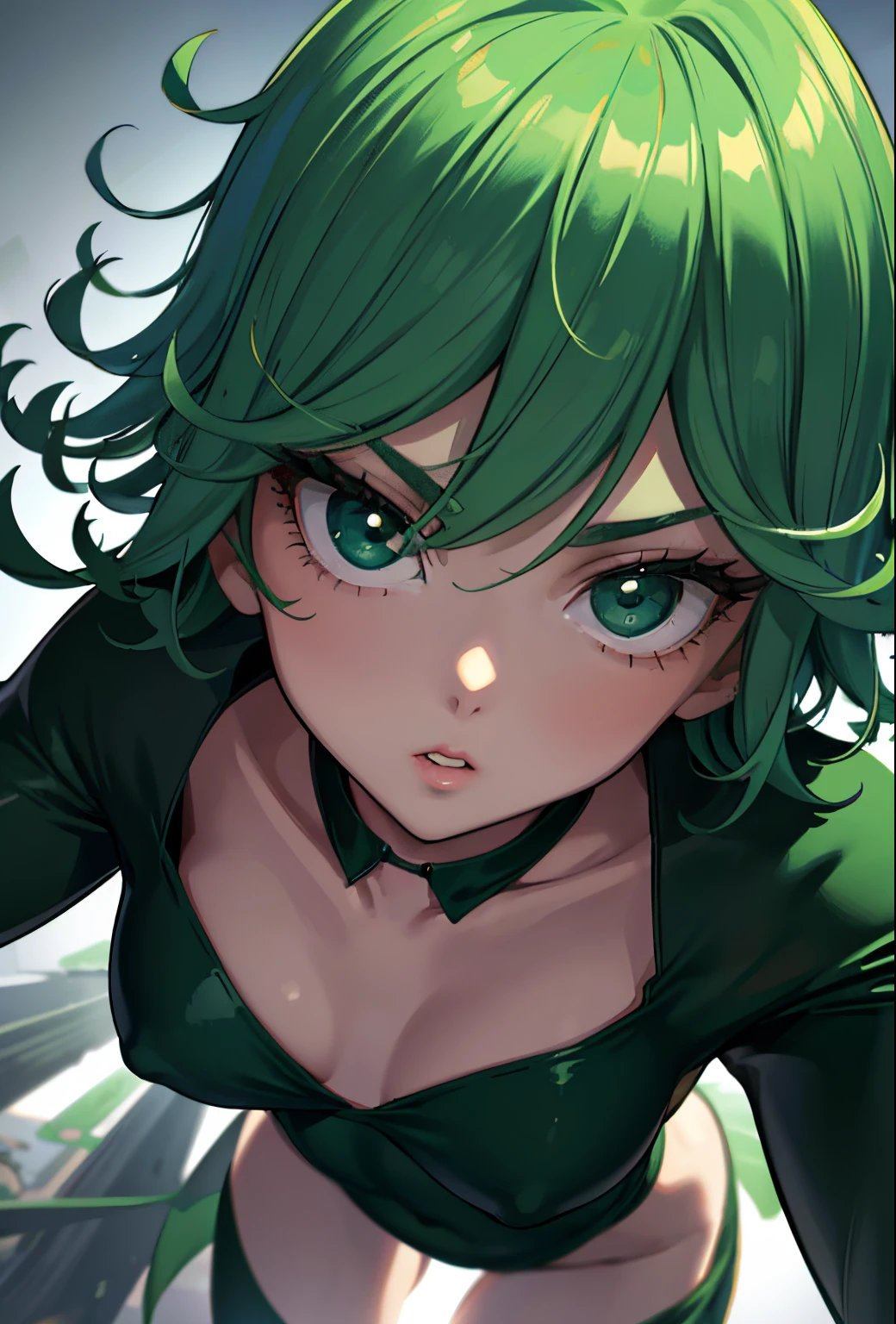 (beste-Qualit, 8K, ), 1 girl, tatsumaki, Short Hair Hair, green hair, Huge-breasts, child, the perfect body, ultra detail face, detailed lips, Slender Eyes, gown, stands, enticing, Excited, convex areolas, steam, From Bottom