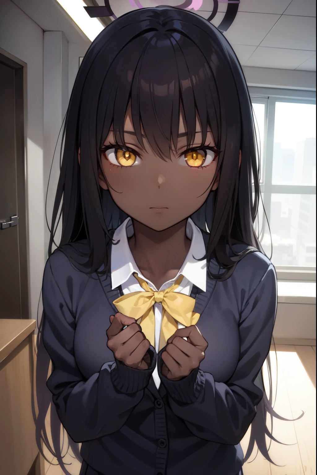 bluearchivekarin, karin, ahoge, black hair, dark skin, dark-skinned female, halo, long hair, (yellow eyes:1.5),
BREAK cardigan, neck ribbon, pleated skirt, ribbon, school uniform, skirt, blue cardigan, 
BREAK looking at viewer, 
BREAK indoors, classroom,
BREAK (masterpiece:1.2), best quality, high resolution, unity 8k wallpaper, (illustration:0.8), (beautiful detailed eyes:1.6), extremely detailed face, perfect lighting, extremely detailed CG, (perfect hands, perfect anatomy),