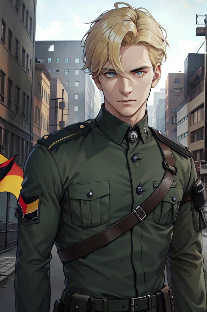 realistic, (absurdres, highres, ultra detailed), 1 male, solo, mature, tall muscular guy, broad shoulders, angular jaw, thick neck, BREAK, looking at viewer, short blonde hair, heterochromia, left dark green eye, right dark blue eye, black military uniform, post-apocalyptic background, upper body, frontal, rugged but handsome, deserted city background, looks mean, holding a rifle, dirty miliary uniform with german flag on badge arm.