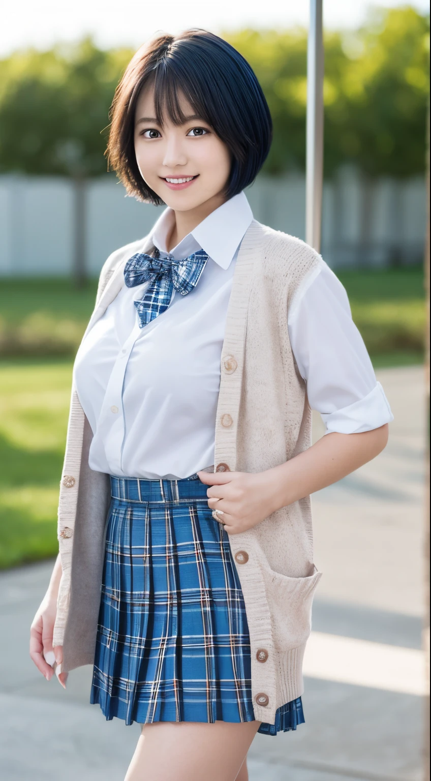 1Girl,((School uniform slush,light grin smile, Sitting,exteriors,Short hair