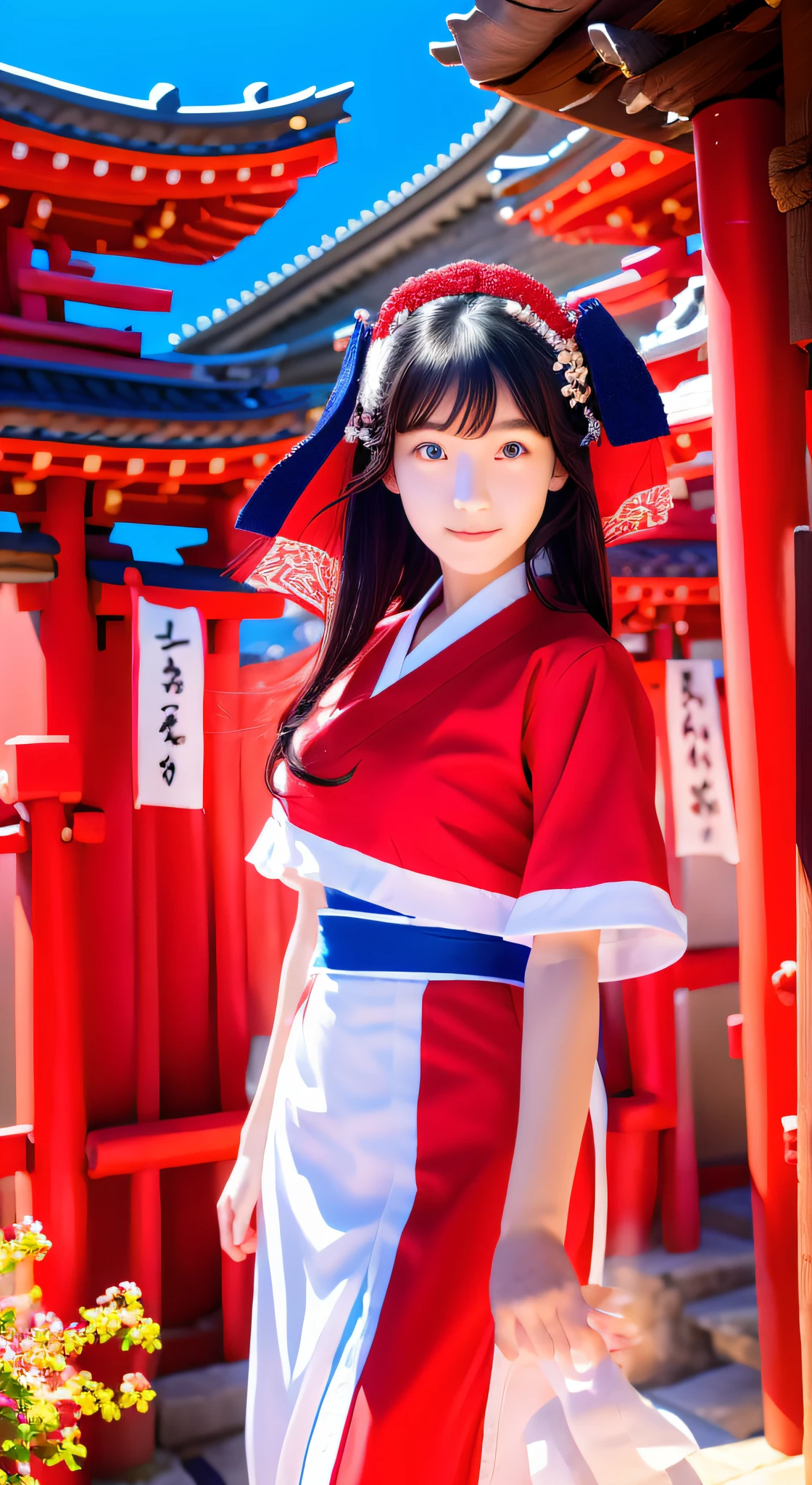 (​masterpiece:1.2、top-quality)、(Dynamic lighting)、(shrine maiden)、((Wearing priestess clothes))、full bodyesbia、1lady、独奏、long、(Hakama、a red skirt)、(torii gate、temple)、hightquality、​masterpiece、ultra res、a beauty girl、cute girl face、Very beautiful face、realisitic、Precincts of Japan Shrine、25-years old、femele、Light in the eyes、big eye、Looking at the camera