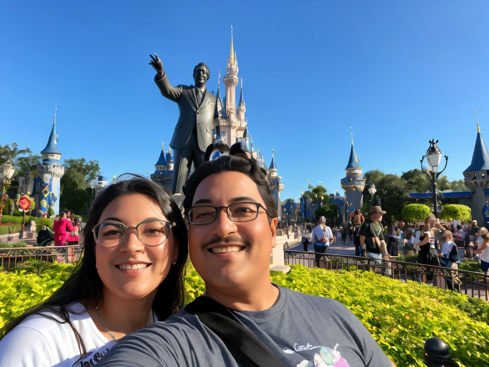 they are posing for a photo in front of a statue of Walt, magical realm, disney 8 k foto, Fotografia tirada em 2 0 2 0, disneyland as backdrop, mundo disney, background is disneyland castle, Walt Disney Mundo, foto de 2022, Castelo no fundo, com um castelo ao fundo, ( Castelo no fundo ), Castelo no fundo