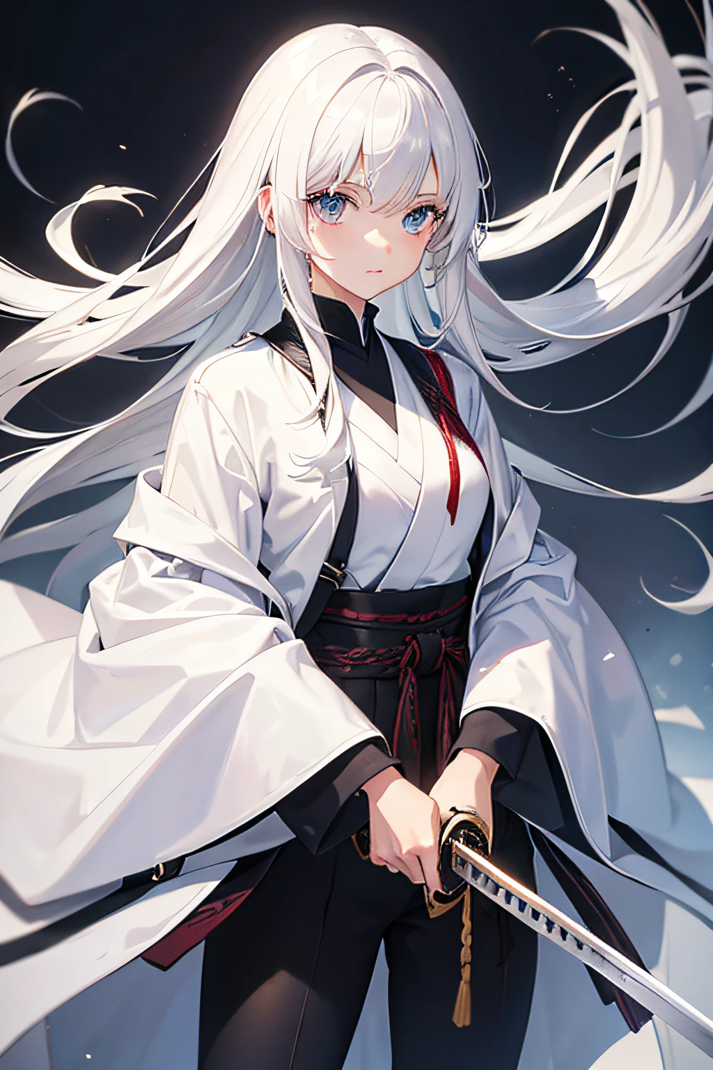 young girl, white hair, long silver coat, holding katana