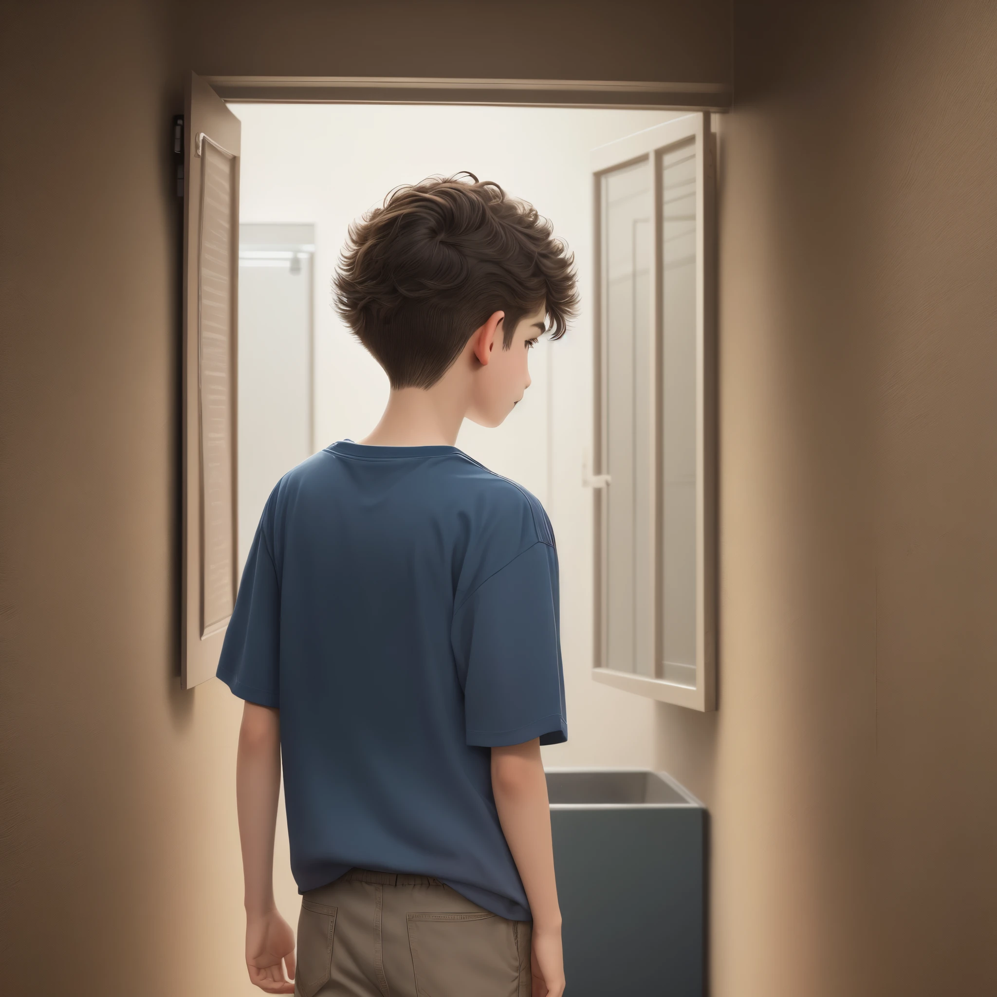 Image of a 15 year old boy facing away from the side, com os cabelo longo meio cacheado.