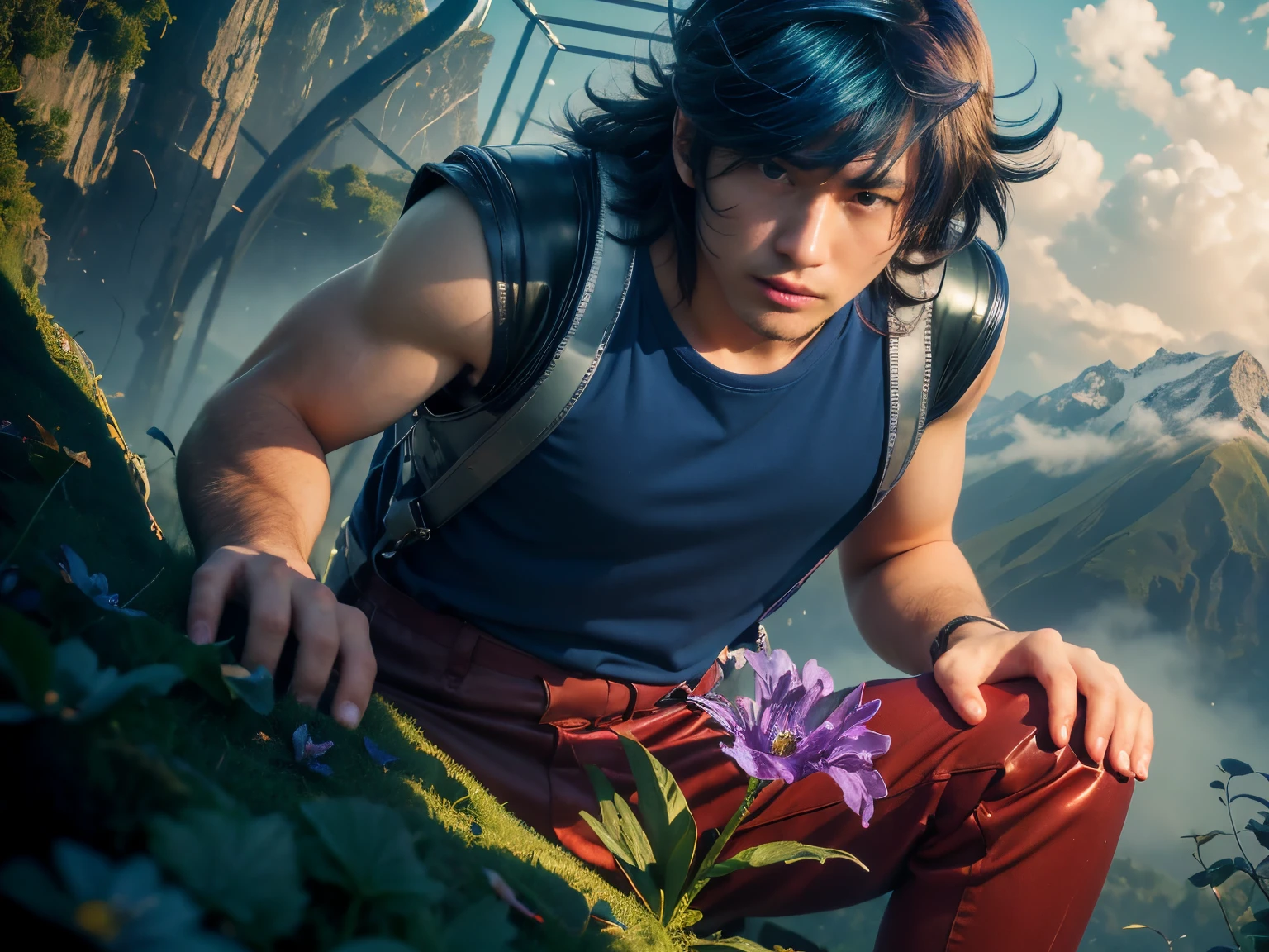(masterpiece), (realistic), close up, (male) of 20 years old, asian (1boy), solo, slightly low view, looking to the flower, looking down, on one knee, ((handsome man)), ((strong face)), ((serious face)), ((pretty big blue eyes)), ((perfect blue eyes)), (closed lips), short messy blue hair, ((bangs)), hair blowing in the air, (((beardless))), masculine blue t-shirt, red pants, leather shoulder straps, (((metallic Chrome box on his back))), ((metallic silver box)), looking a ((purple flower in the soil)) (first plain), (stem and green leaves), looking the flower, mountains surrounded by mists background, cinematic lighting.