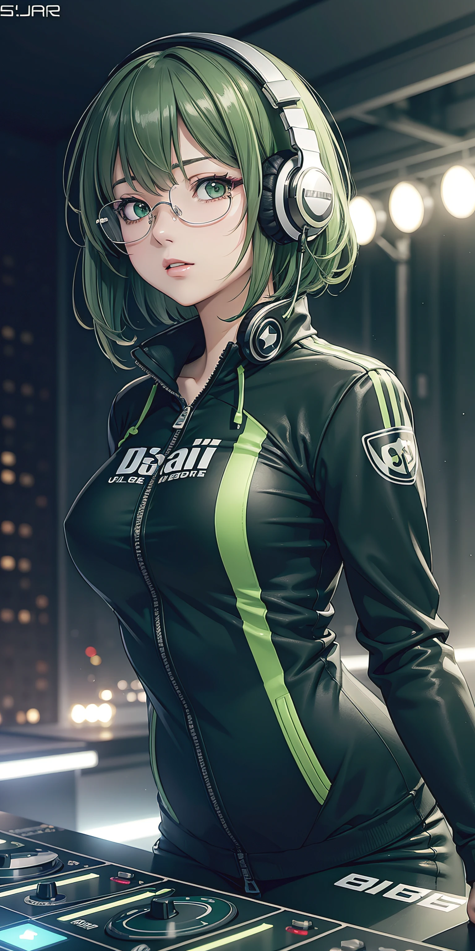 (masterpiece, best quality, ultra-detailed, photorealistic), 1 girl, curvaceous but slender body, deejaying girl, dj, dj girl, headphones, rave, (highest picture quality),masterpiece,best quality,extremely detailed CG wallpaper, ultra_detailed,(Cinematic Lighting:1.1), (cold face), green eyes, 1girl, solo, dark-green_hair, short_hair, masterpiece, best quality, glasses