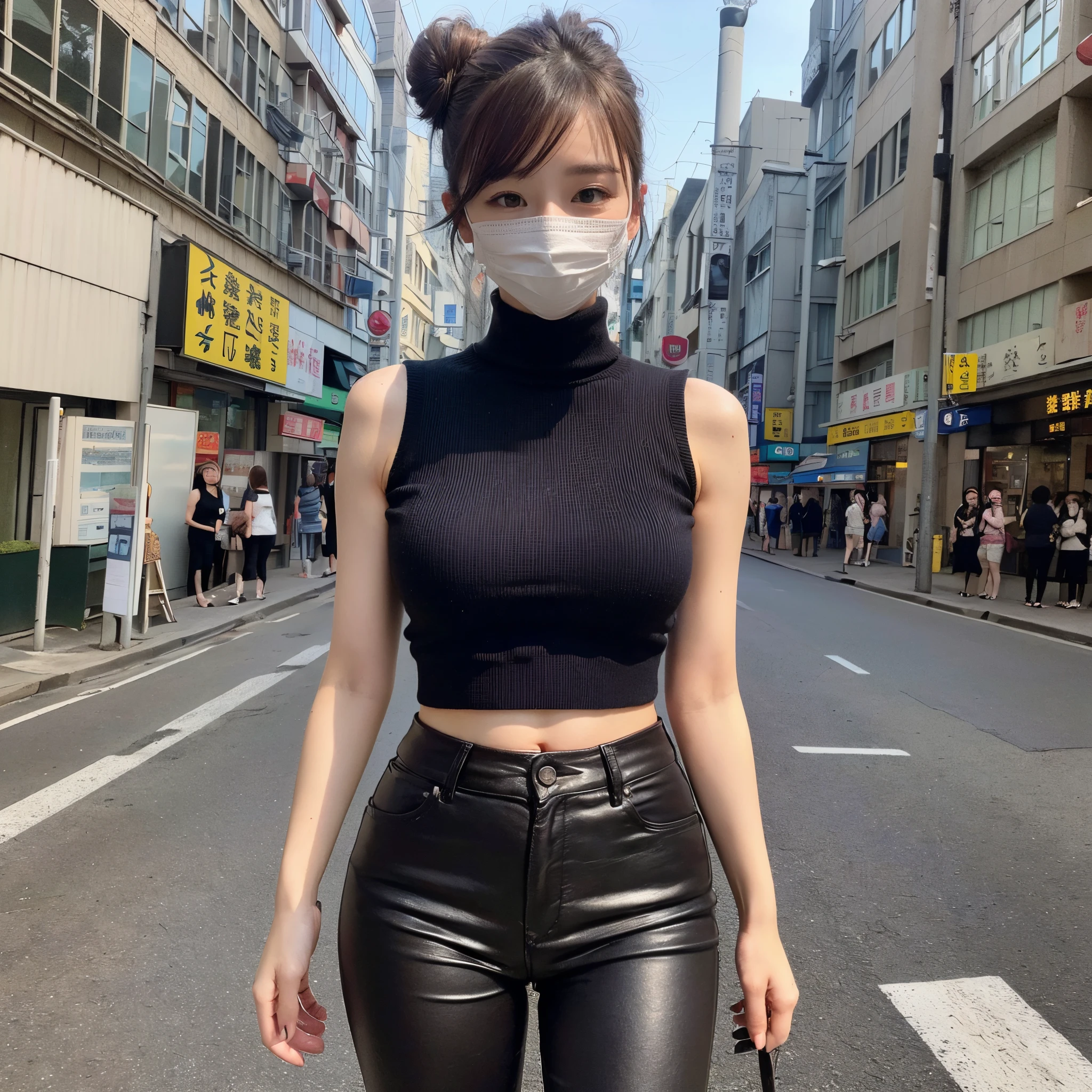 ((Best quality, 8k, Masterpiece:1.3)), Whole body, Sharp focus :1.2, A pretty Taiwanese woman with perfect figure :1.4, Slender abs :1.2, (Dark brown hair, all back, updo hair:1.1, black mask:1.25, ultra huge breasts:1.5), ((summer sweater, grey sweater, turtle neck:1.1, sleeveless:1.1, no bra, evening glove on left hand:1.1, short pants, black pants)), (walking to viewer, Realistic Taipei street, in Taiwan), Highly detailed face and skin texture, Detailed eyes, Double eyelid, perfect slim body,