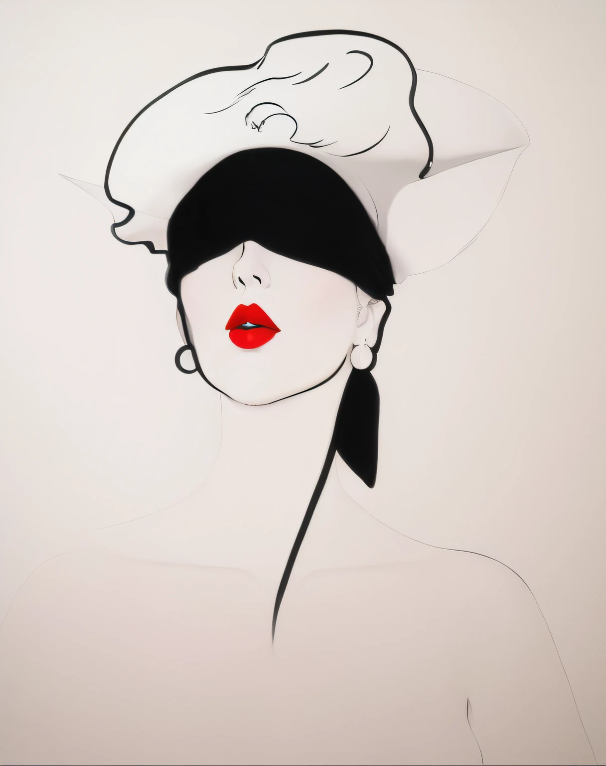 A closeup of a drawing of a woman with a hat in, inspirado em Aubrey Beardsley, Directed by: Jack Boul, inspirado em Georges Lemmen, por Shinoda Shop, Directed by: Gavin Hamilton, inspirado em Man Ray, um desenho a tinta digital, detailed face with red lips, no estilo de cecil beaton, inspirado por Bert Stern, desenho em preto e branco