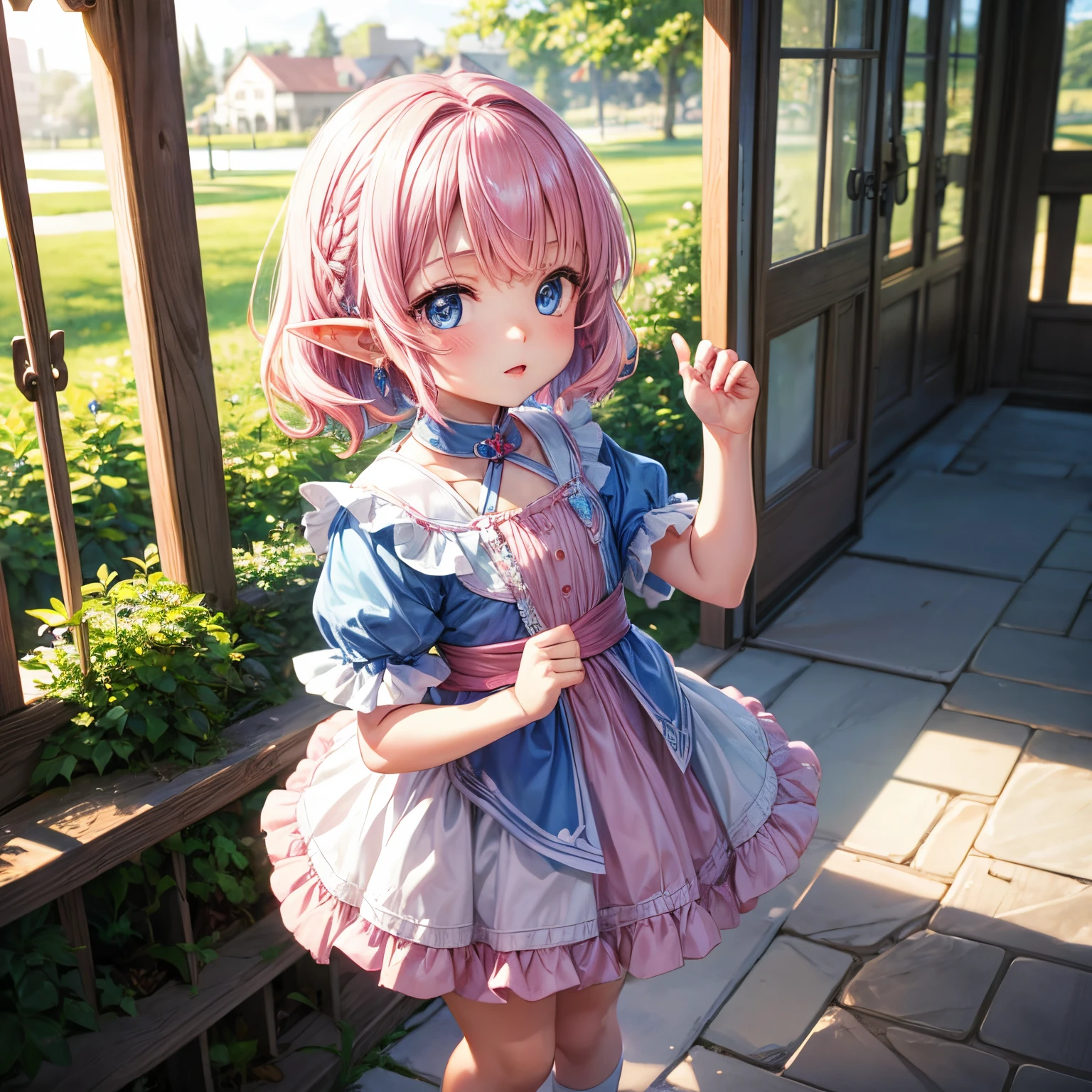 child, blue eyes, short wavy hair, elf, girl, child, ***********, pink hair