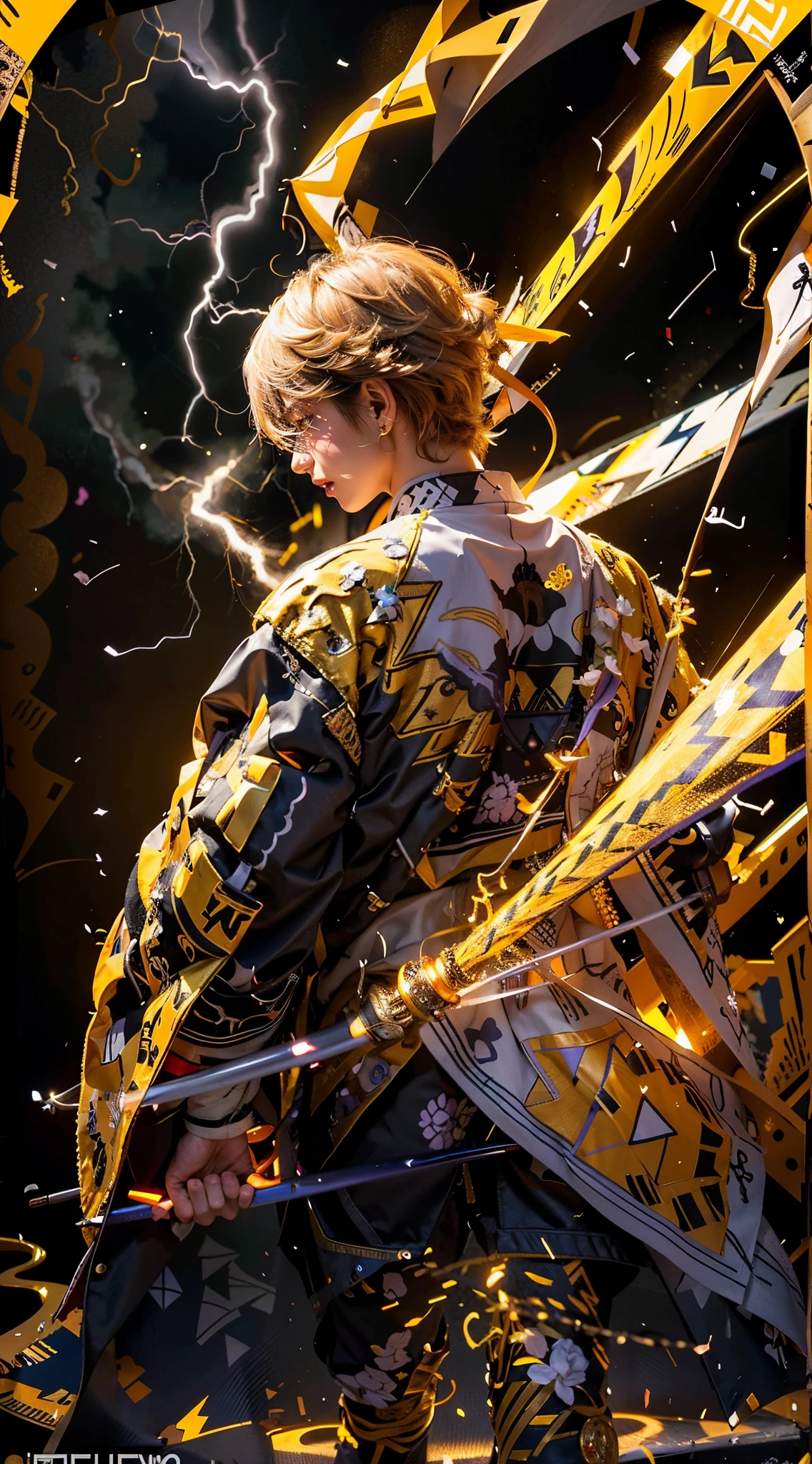 (Numerous award-winning masterpieces, with incredible details), ((Extremely beautiful young boy's face)), (extremely detailed realistic boy's face features), (beutiful eyes), ((finely detailed true circle Symmetrical grey purple eyes)), (A majestic sight), blond hair that fades to orange, Serious expression, manly charismatic expression, hold a beautiful long katana emitting lightning, fantasy lightning, badass, wears a white triangle patterned yellow haori, yellow lighning emiting from eyes