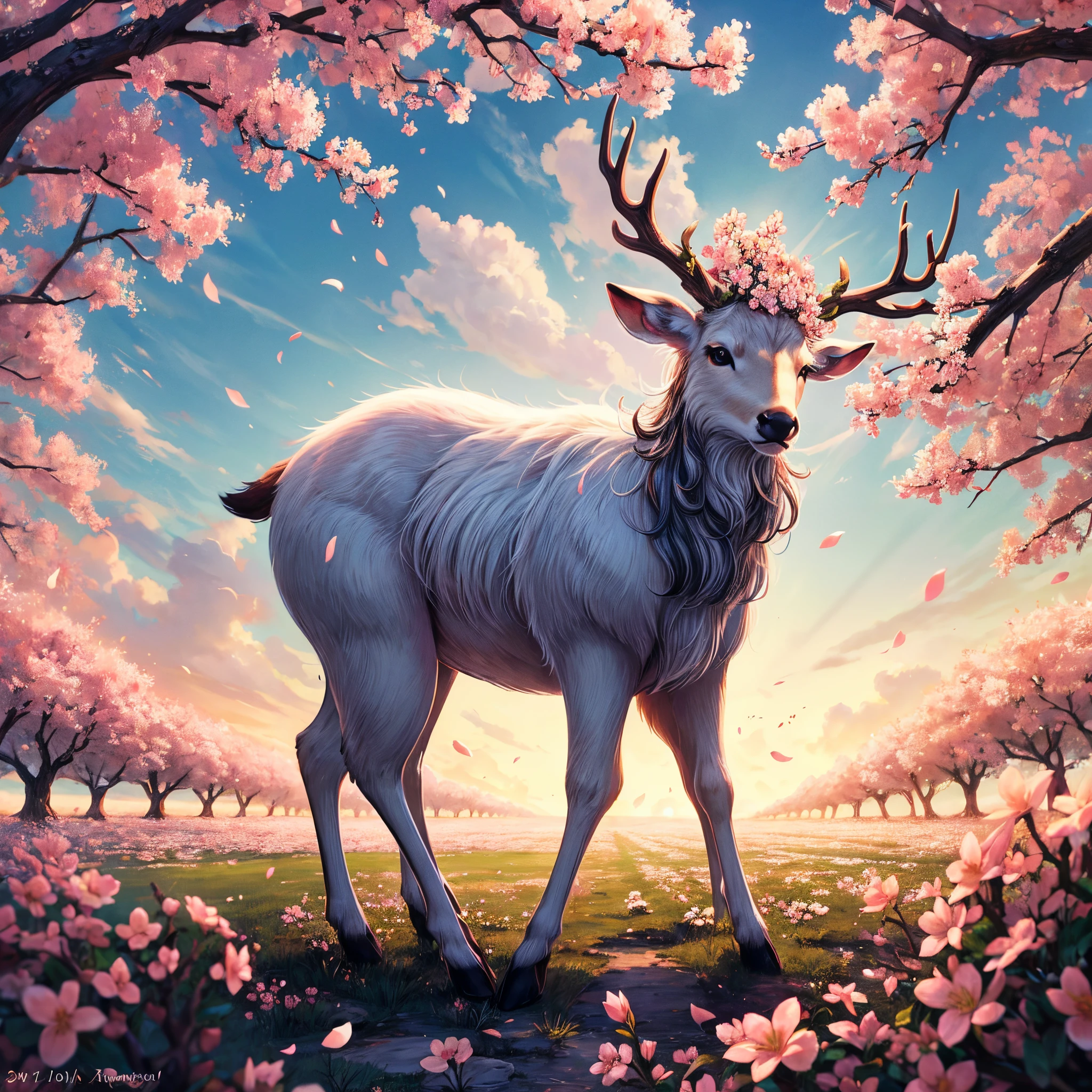 Imagine a graceful deer standing amidst a vibrant orchard of almond blossoms, its antlers reaching towards the sky, mirroring the swirling branches of the blossoming trees. The deer's presence could add a touch of serenity and harmony to the lively springtime scene, high quality, intricated detailed, ultra Hd res