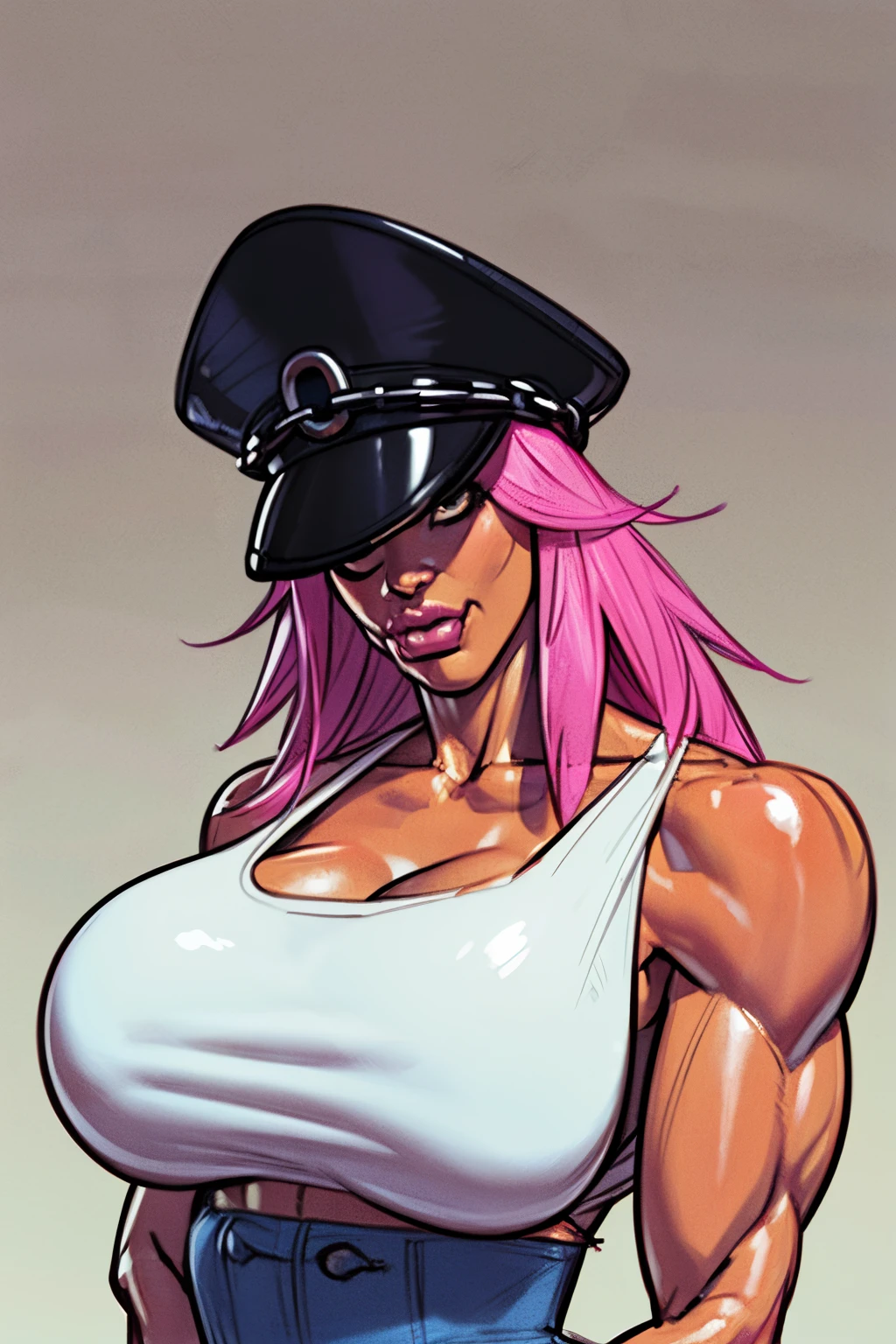 Final fight, ((Poison)) from street fighter,(big breast:1.5),dynamic poses, ((detailed face:1.3)), perfect lips, pink hair, wide chest,big chest, ((white tank top)), denim shorts, police cap, super perfect body curve,S-shaped body,waifu (18 years old)-hot daddy-frivolity-body language, fit figure, bad laughing,gorgeous perfect face, realistic style and super detailed renderings, superrealism,kawaii, zbrush, super-realistic oil, contour shadow-process - ((Waiting to start))