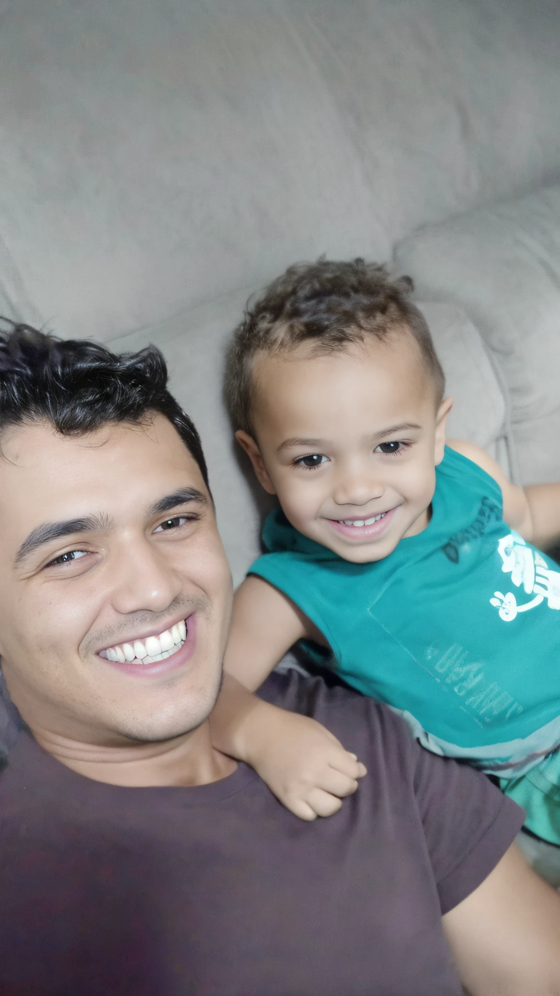 there is a man and a child laying on a couch, caio santos, with a kid, mateus 9 5, edu souza, icaro carvalho, ronaldo nazario fenomeno, by Nándor Katona, ronaldo luis nazario da lima, david rios ferreira, carmelo blandino, dan dos santos, ronaldo nazario