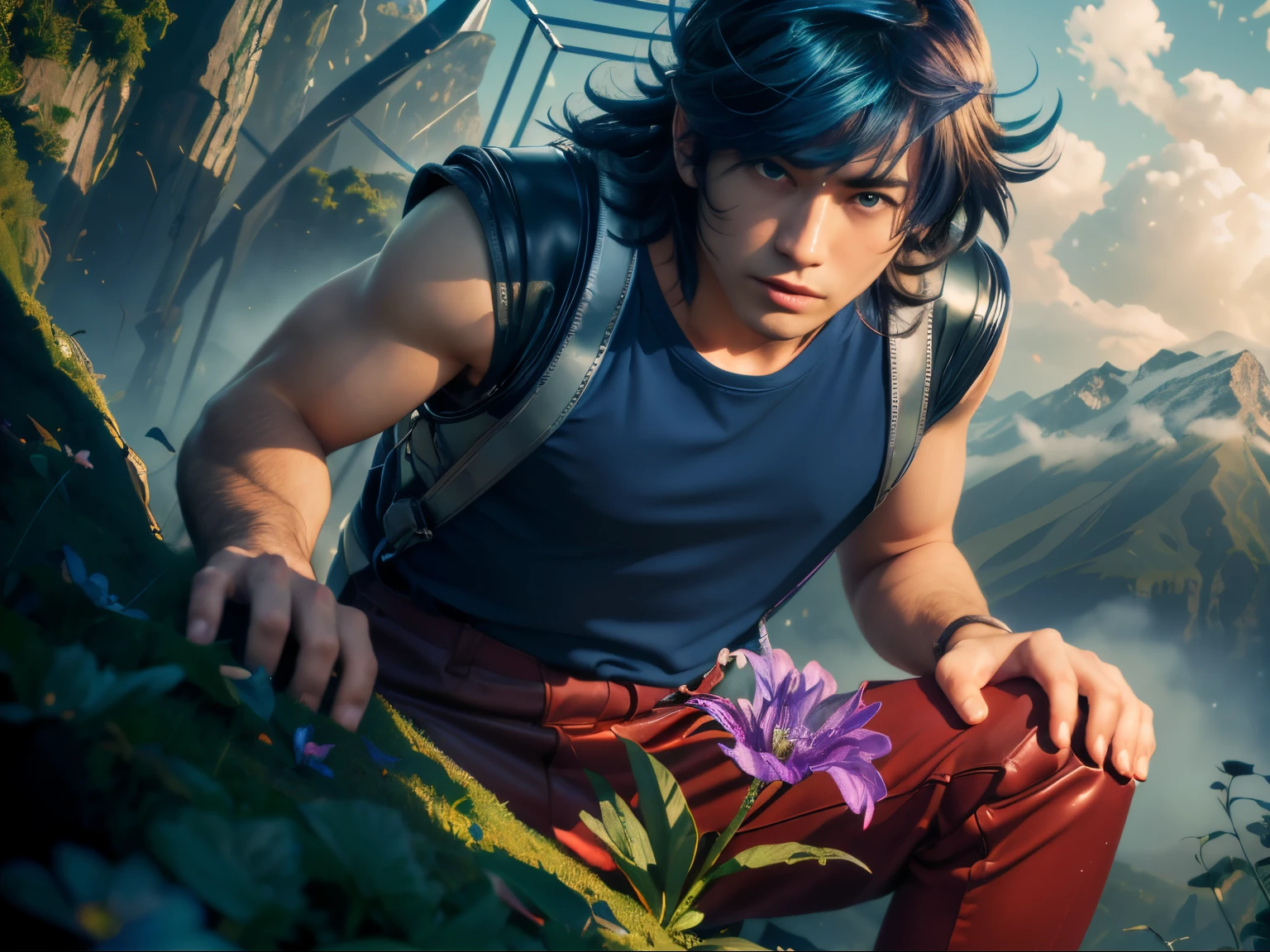 (masterpiece), (hyper-realistic), High-resolution, close up, (male) of 20 years old, asian (1boy), solo, slightly low view, looking to the flower, looking down, on one knee, ((handsome man)), ((strong face)), ((serious face)), ((pretty big blue eyes)), ((perfect blue eyes)), (closed lips), short messy blue hair, ((bangs)), hair blowing in the air, (((beardless))), masculine blue t-shirt, red pants, leather shoulder straps, (((metallic Chrome box on his back))), ((metallic silver box)), looking a ((purple flower in the soil)) (first plain), (stem and green leaves), looking the flower, mountains surrounded by mists background, cinematic lighting.