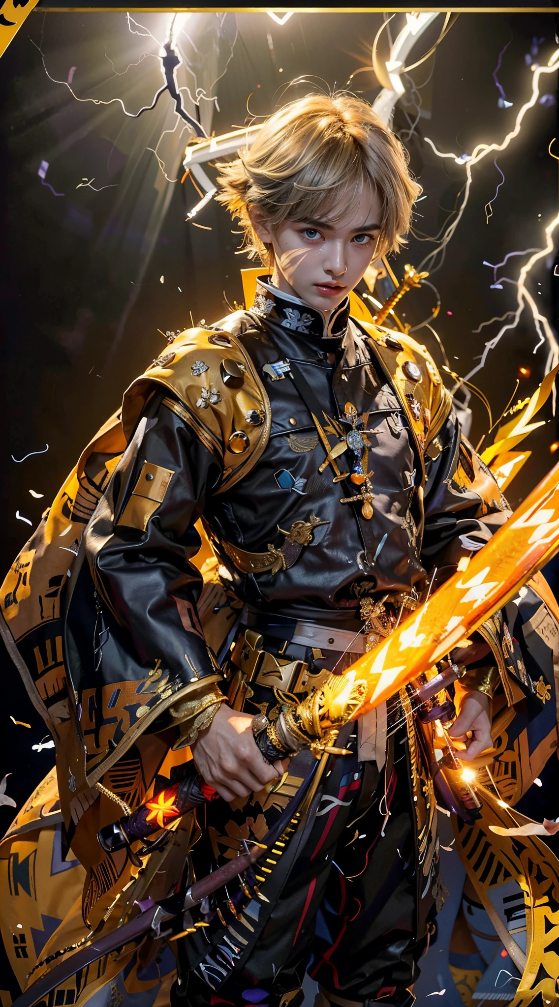 (Numerous award-winning masterpieces, with incredible details), ((Extremely beautiful young boy's face)), (extremely detailed realistic boy's face features), (beutiful eyes), ((finely detailed true circle Symmetrical grey purple eyes)), (A majestic sight), blond hair that fades to orange, Serious expression, manly charismatic expression, hold a beautiful long katana emitting lightning, fantasy lightning, badass, wears a white triangle patterned yellow haori