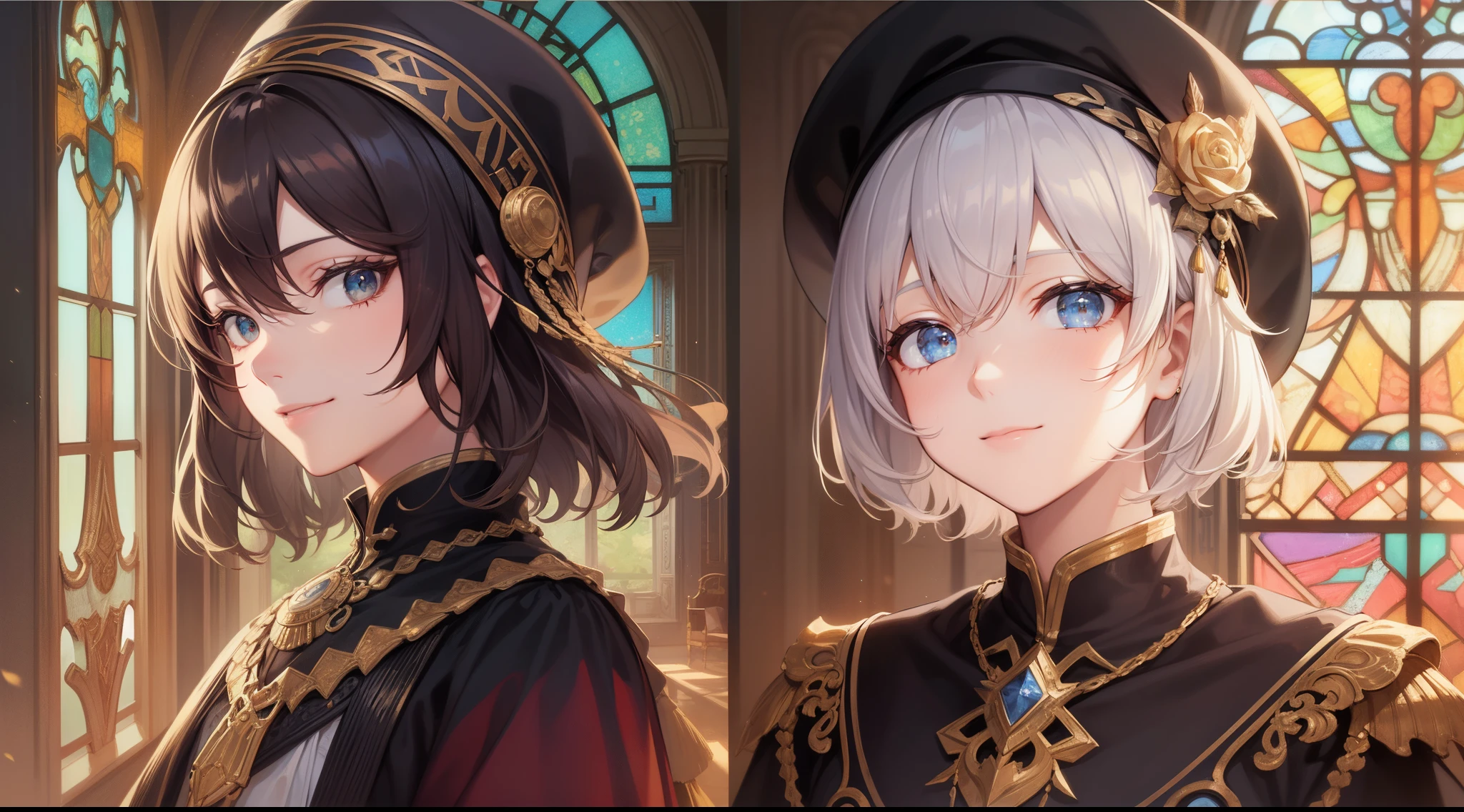 ((bestquality)), ((Masterpiece)), (detaild:1.4),32k,Best Anime,Sharpness,The best wallpapers,Manipulation of light:0.9,Fantastical,(wise man),smile,Fantasy World Library, (Perfect anatomy without destruction),(Beautiful eyes with detailed and detailed details,Lustrous eyes),(Beautiful robes with detailed details:1.1),(Glossy short hair:1.4),beret,Sparkling light:0.7,Having ancient documents,Stained glass style lamp:0.7
